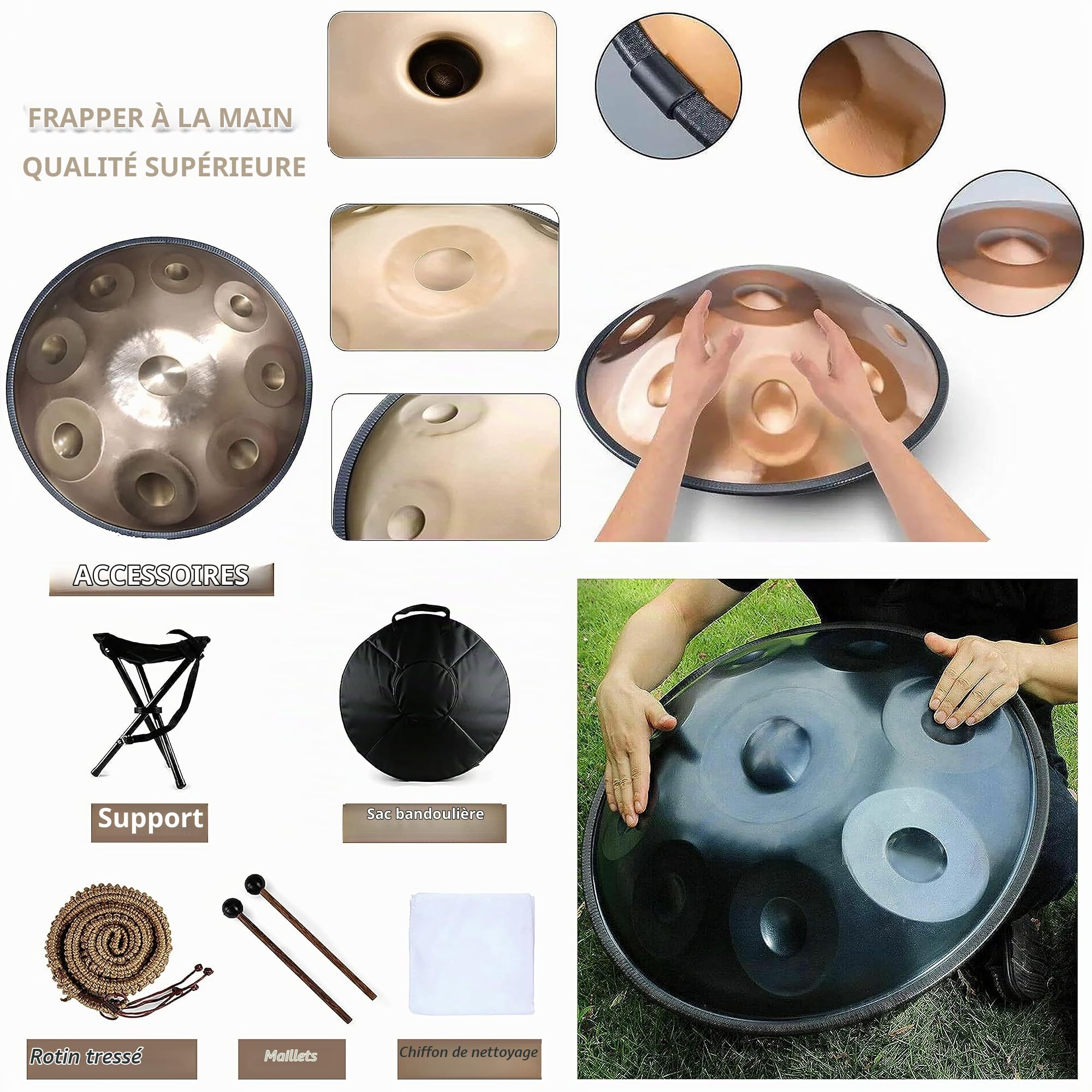 9/10/12 Notes Handpan Drum Instrument En Ré Mineur, 22 Pouces, Acier Inoxydable, Avec Sac De Transport, 2 Maillets, Support, Pour Méditation Et Guérison Sonore