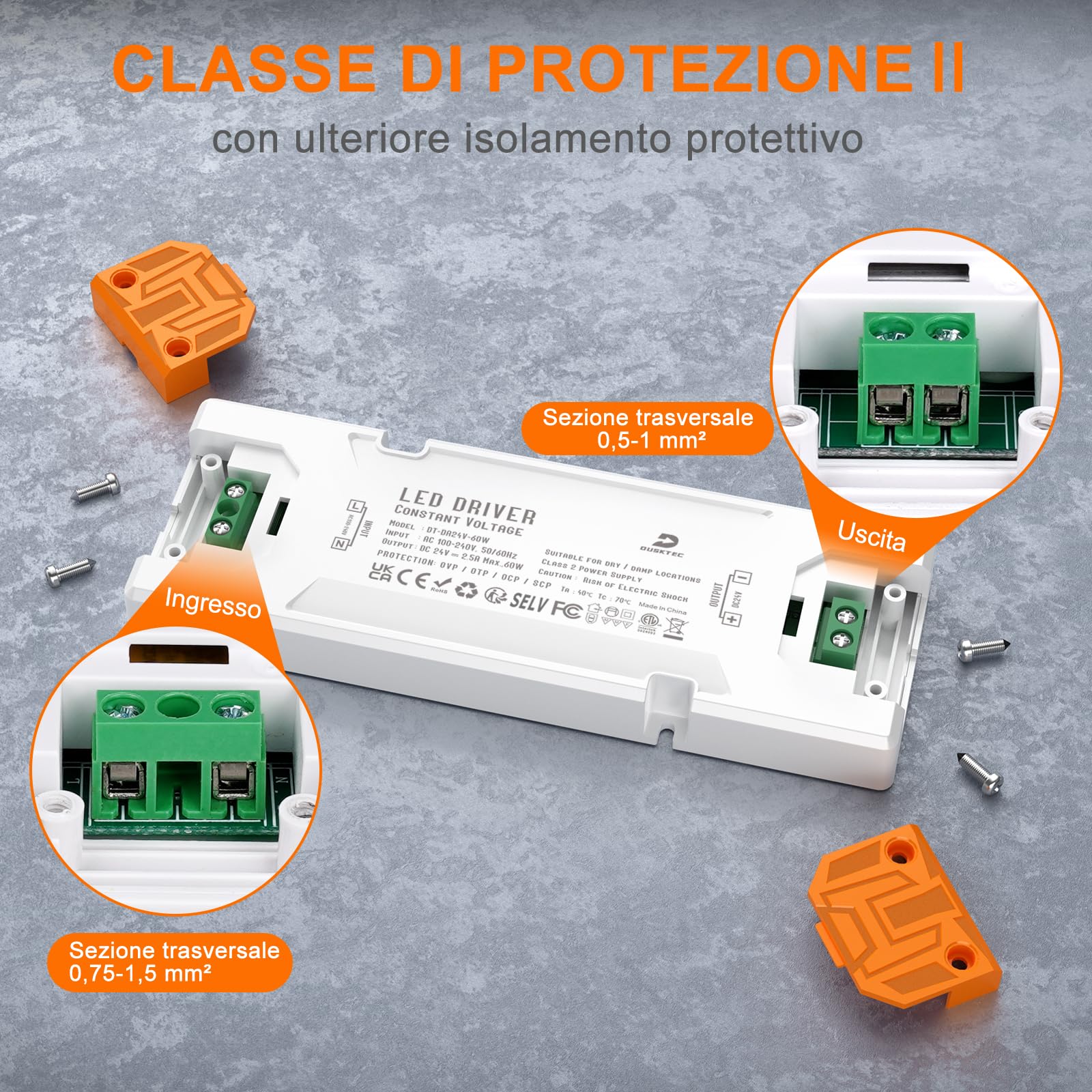 DUSKTEC Alimentatore 2,5A DC 24V per Striscia LED - Trasformatore 60W AC 220V a DC 24 Volt, Slim Driver a Bassa Tensione, IP44 Power Supply Tensione Costante per Luci Lampada Fari