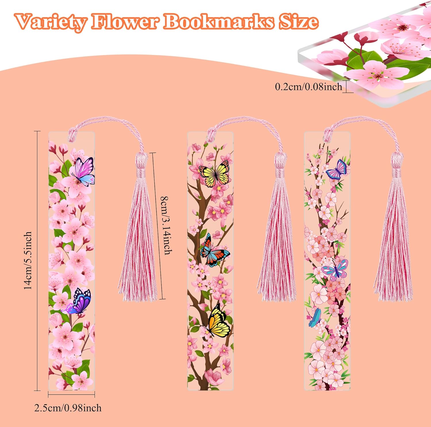 3Pcs Flower Acrylic Bookmarks with Tassels, Transparent Floral Bookmarks, Cute Pressed Flower Book Marks for Women Teacher Book Lovers, Personalized Page Marker Hanging Tag Gifts - Image 2