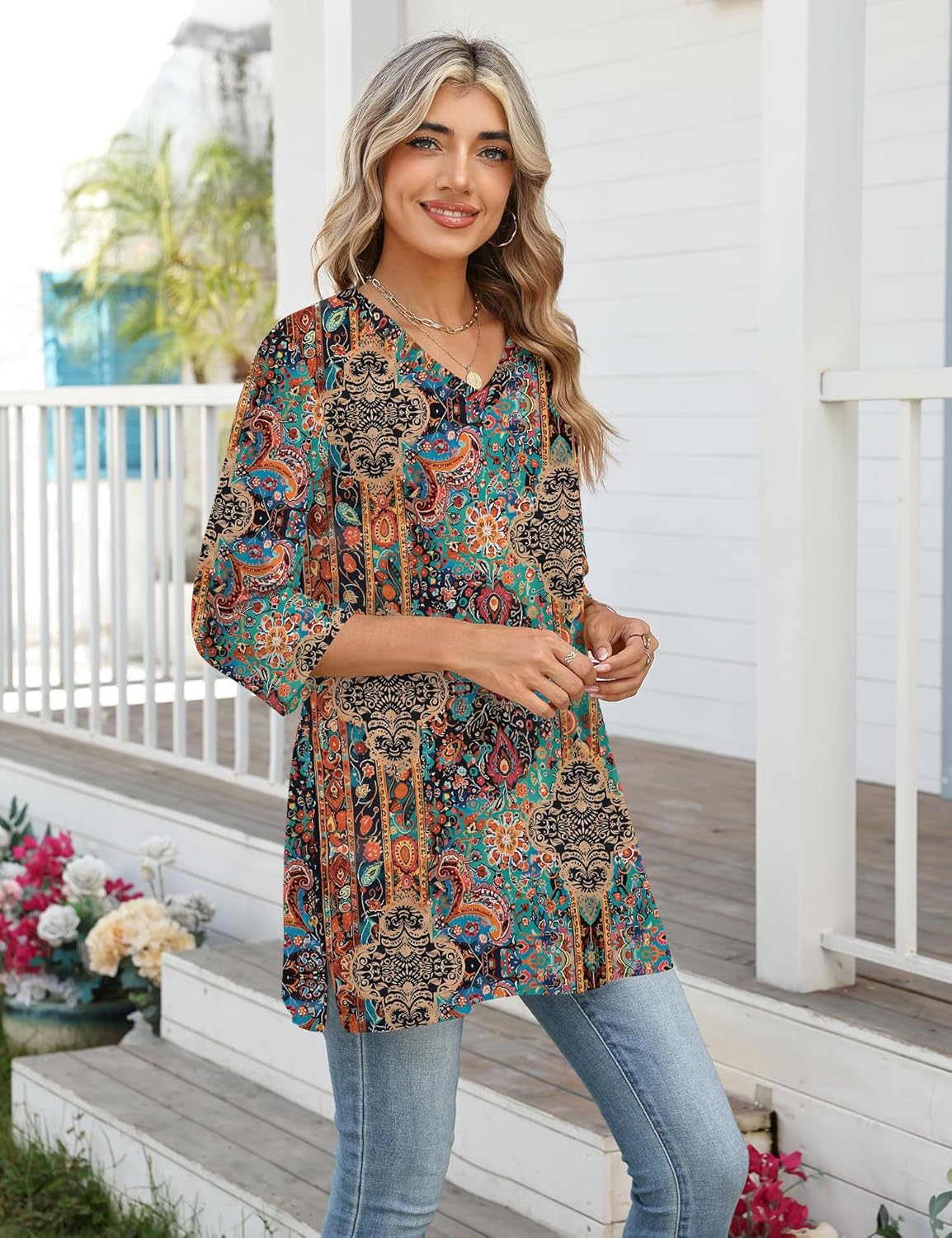 AKEWEI Womens Blouses Casual 3/4 Sleeve Tops for Women V Neck Tunics to Wear with Leggings Swing Flare - Image 4