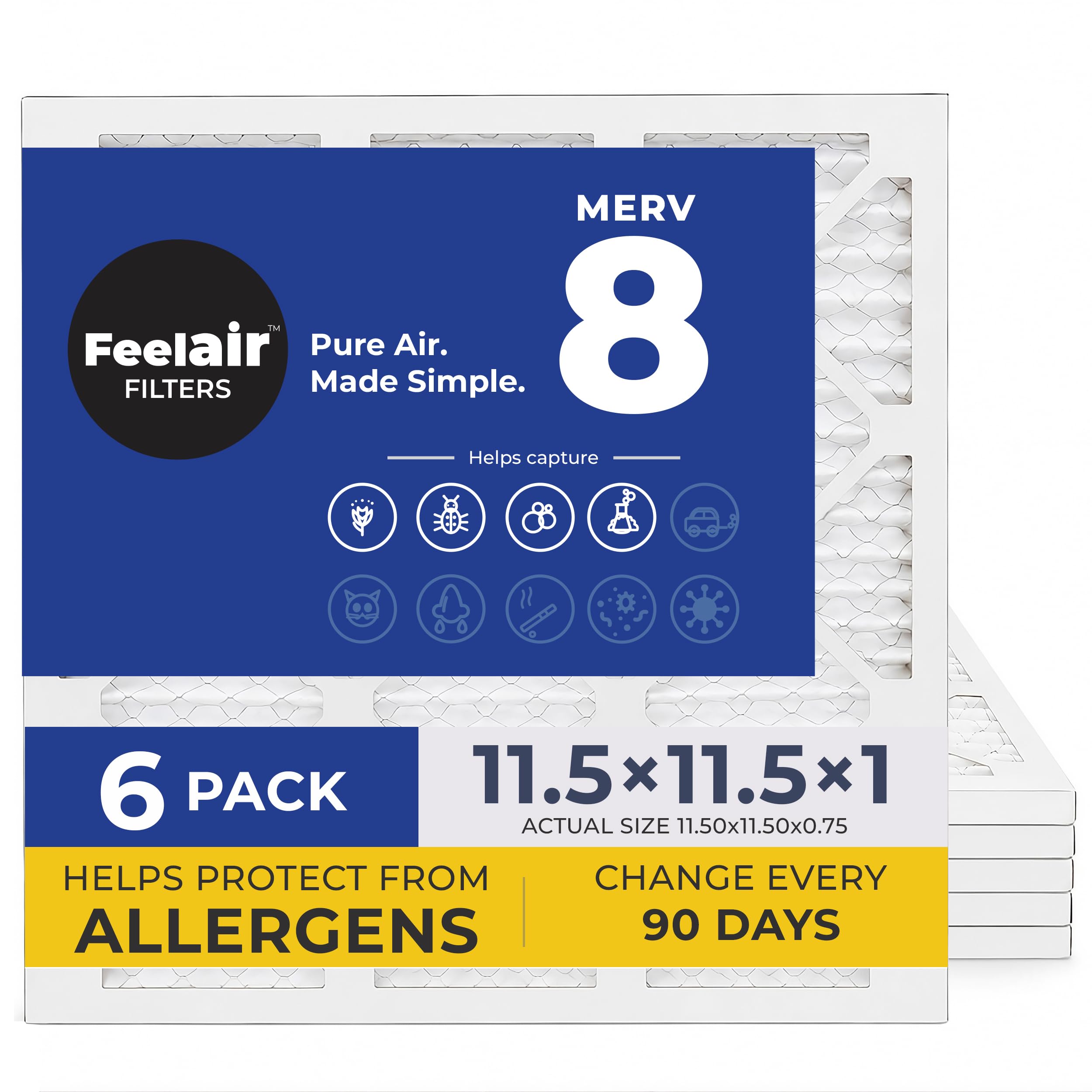 Feelair 11.5x11.5x1 Air Filter, MERV 8, 6 Pack – Premium Pleated HVAC & Furnace Filter, Electrostatic AC Filter Replacement (Actual Size: 11.50" x 11.50" x 0.75")