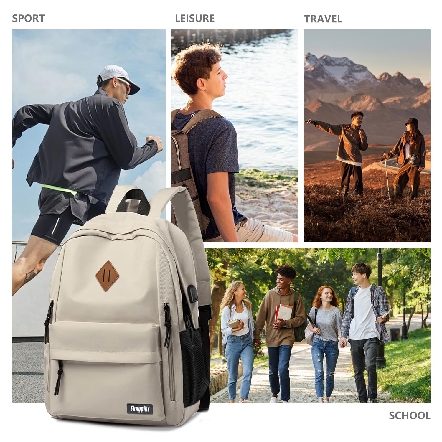 Backpack for School, Beige Backpack for Teen Boys Girls, Classic College Middle High School Backpack Lightweight School Bag for Women Men, Simple Daypack Bookbag, Mochilas Escolares para