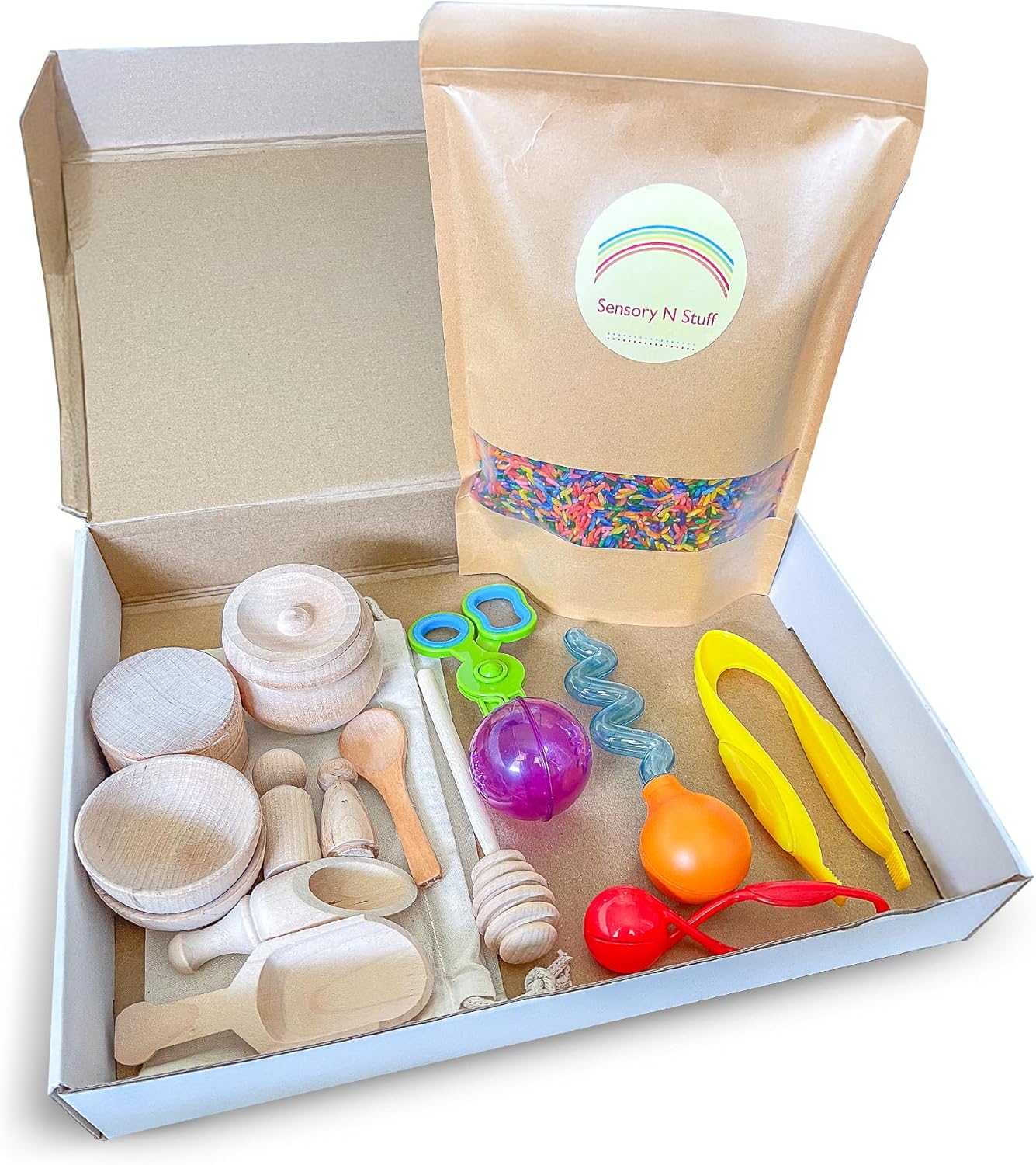 Rainbow Rice and Sensory Bin Tools (10 Pieces), Wooden Sensory Bin Tools and Scoops with Chemical-Free and Food-Safe Rice, Table Tools for Fine Motor Skills