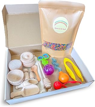 Rainbow Rice and Sensory Bin Tools 10 Pieces, Wooden Sensory Bin Tools and Scoops with Chemical-Free and Food-Safe Rice, Table Tools for Fine Motor Skills