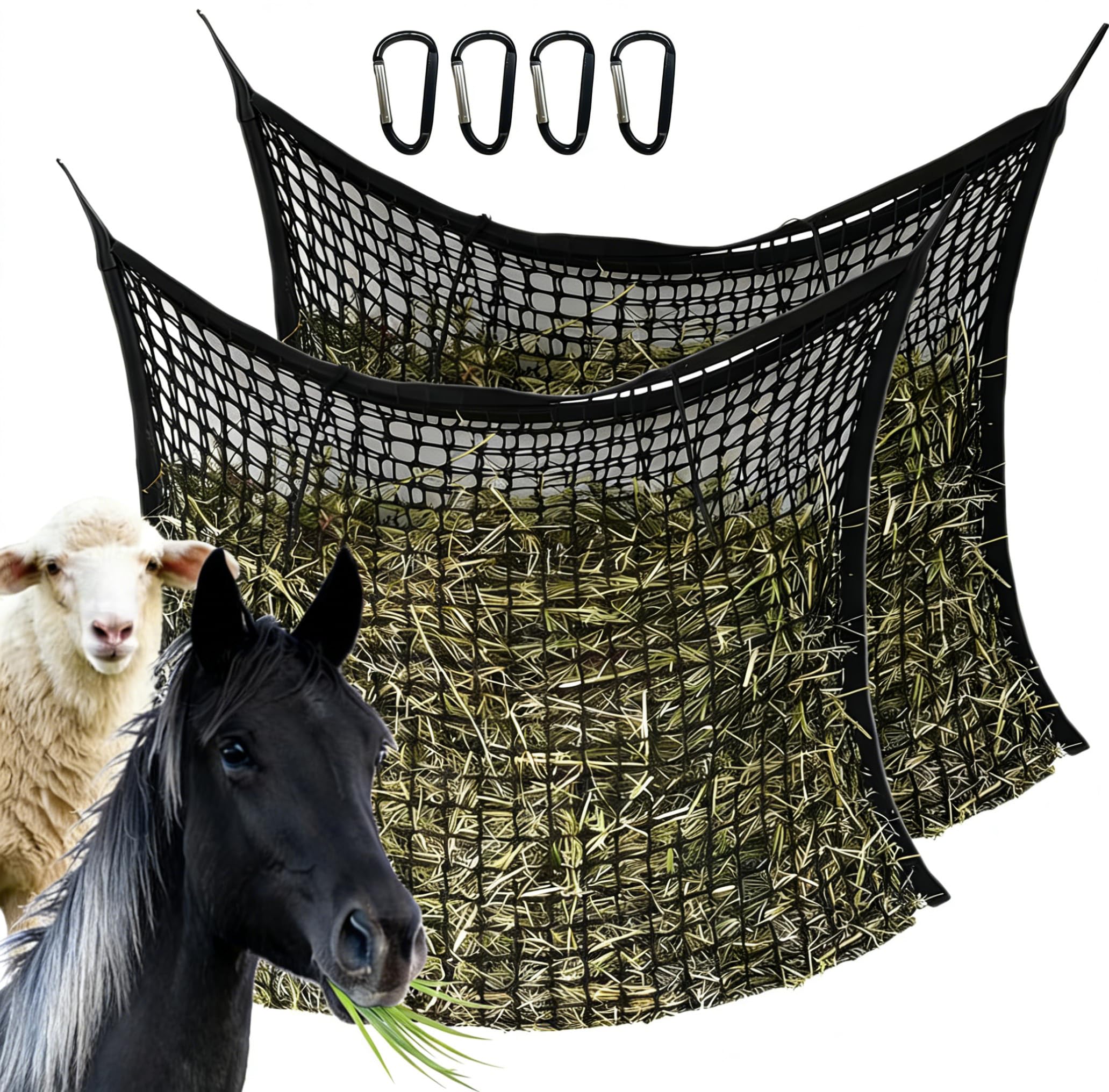 2 Pièces Filet a Foin Cheval,Filet a foin Chevaux 90 x 80 cm,Mailles Serrées 4,5 x 4,5 cm,Capacité de 6 kg,pour chevaux,chèvres et moutons,Favorise la digestion et le bien-être,à emporter