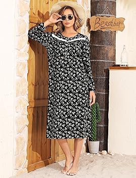 YOZLY Nightgowns for Women Soft Cotton House Dress Long Sleeve  Nightdressess with Pockets, Black-Blue Flowers, Small at Amazon Women's  Clothing store