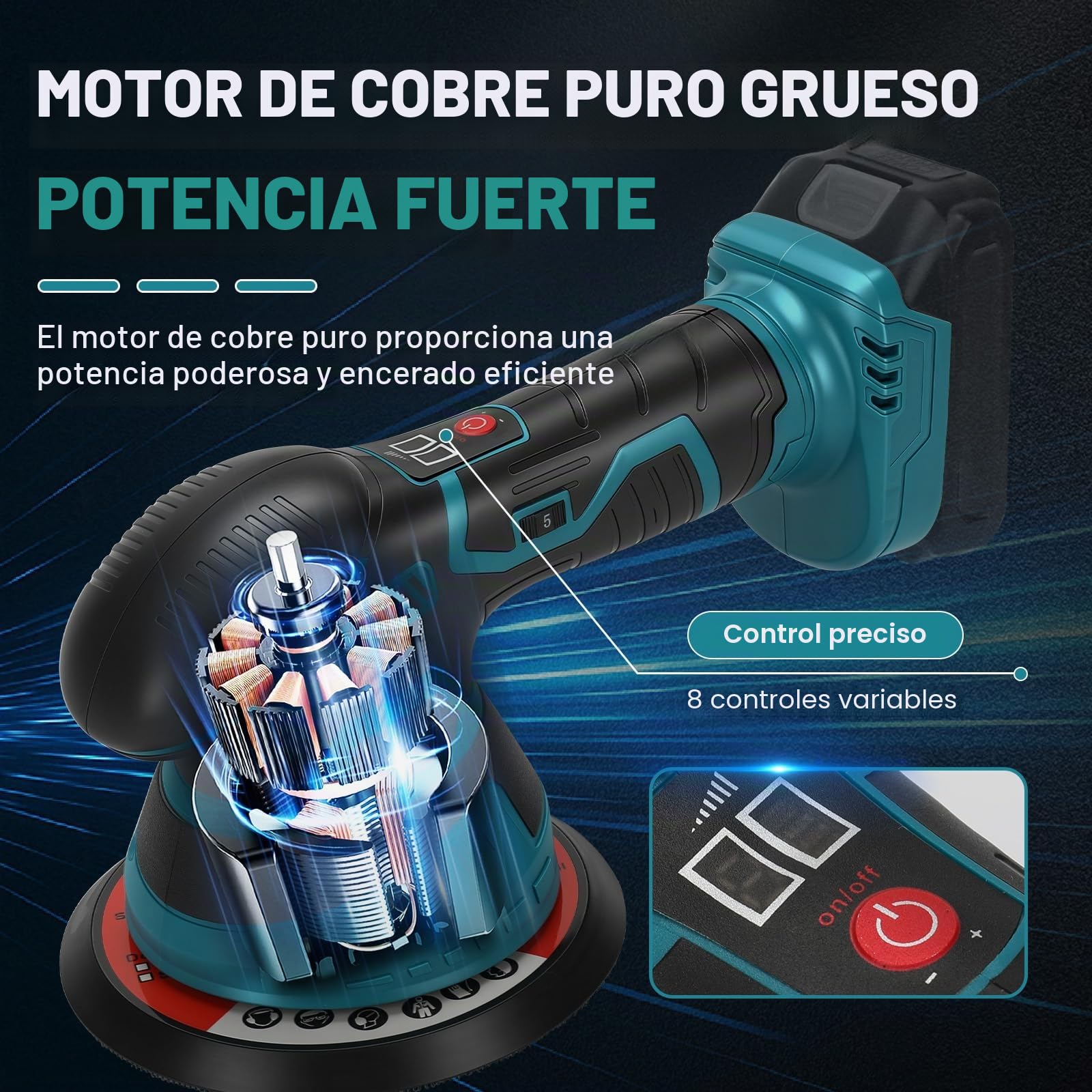 Pulidora Coche compatible con Makita 18 V, 6 pulgadas Pulidora Inalambrica, 8 Velocidad Variable, Pulidora Orbital para Detallar, Pulir, Encerar y Eliminar Arañazos del Coche (sin batería)