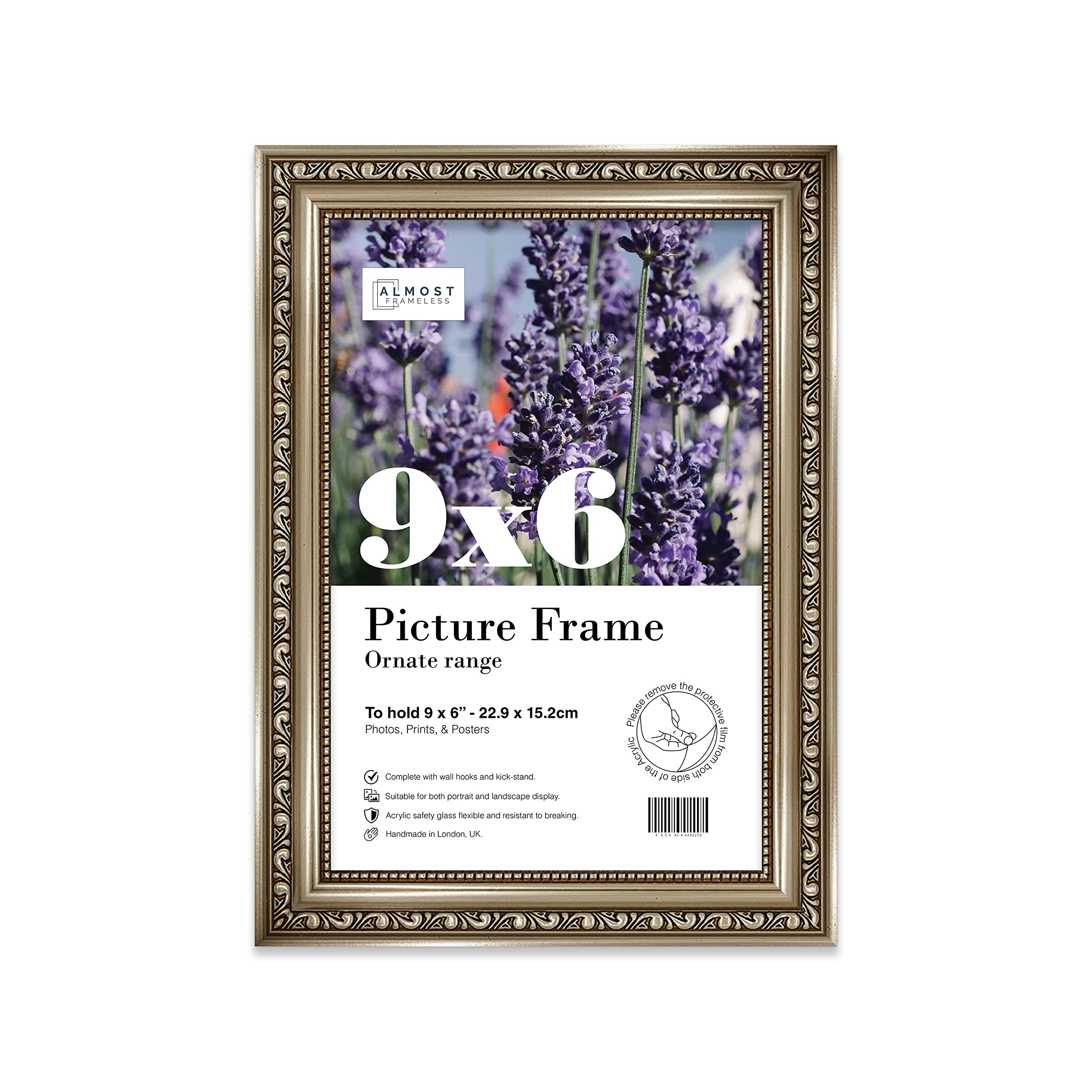 Almost Frameless 9x6 Gunmetal Ornate Picture Frame 9"x6"(22.9x15.2cm) Poster, Photo, Artwork, or Print. Shabby Chic Style Portrait and Landscape Display with Wall Hooks