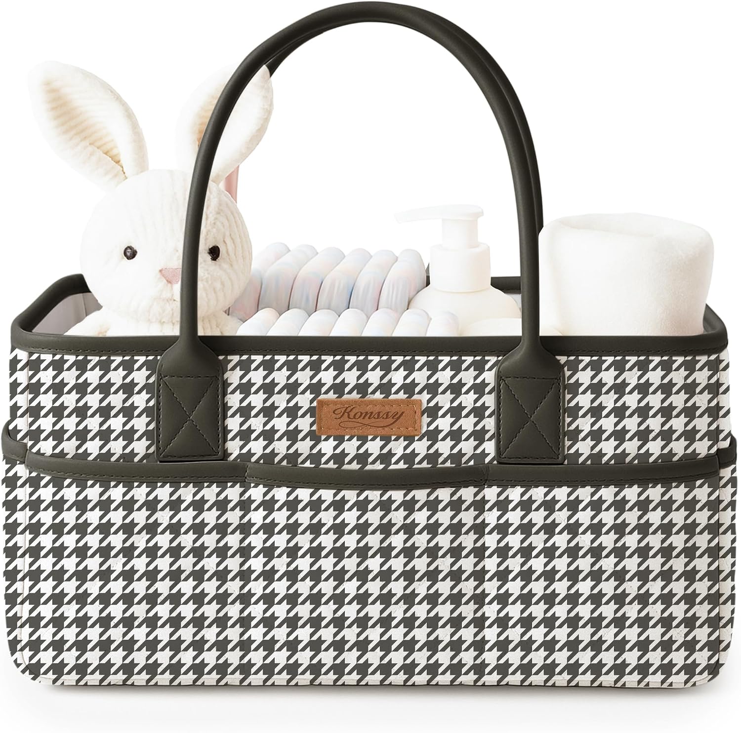 Konssy Quilted Diaper Caddy Organizer, Diaper Caddy Basket with PU Leather Handles, Water-Repellent Nursery Storage Basket, Portable Car Organizer, Registry Search Must Haves (Black Hound)