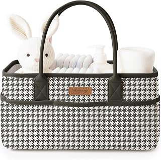 Konssy Quilted Diaper Caddy Organizer, Diaper Caddy Basket with PU Leather Handles, Water-Repellent Nursery Storage Basket, Portable Car Organizer, Registry Search Must Haves (Black Hound)