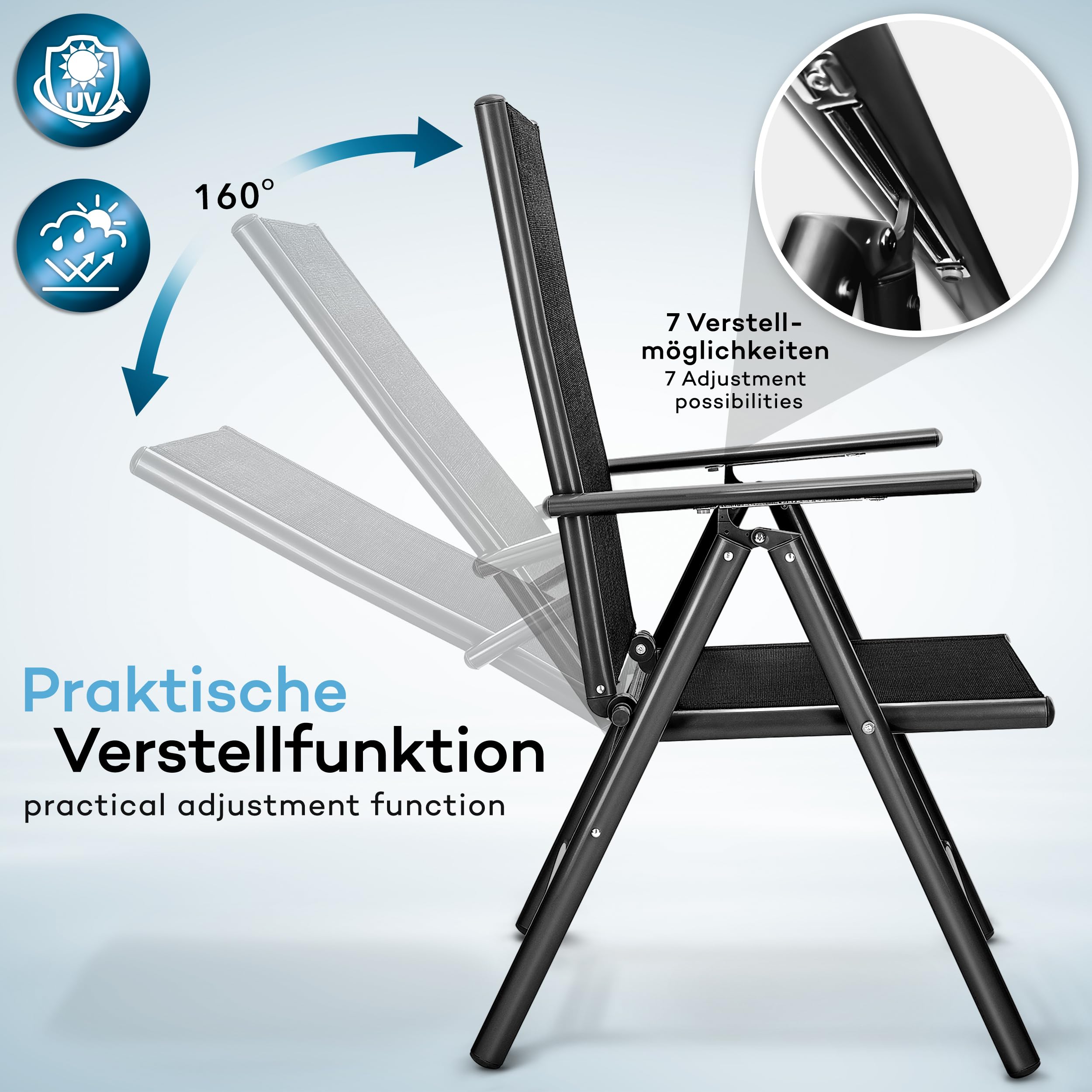 tillvex Gartenstuhl 2 Stück klappbar aus Aluminium | Hochlehner mit Armlehnen | Klappstuhl verstellbar | Klappsessel Balkon Garten Terrasse (Anthrazit)