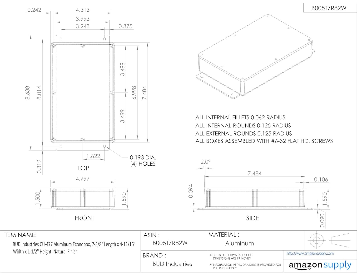 BUD Industries CU-477 Aluminum Econobox Corrosion Resistant, ABS Electric Enclosure 7.39" L x 4.7" W x 1.5" D, Natural