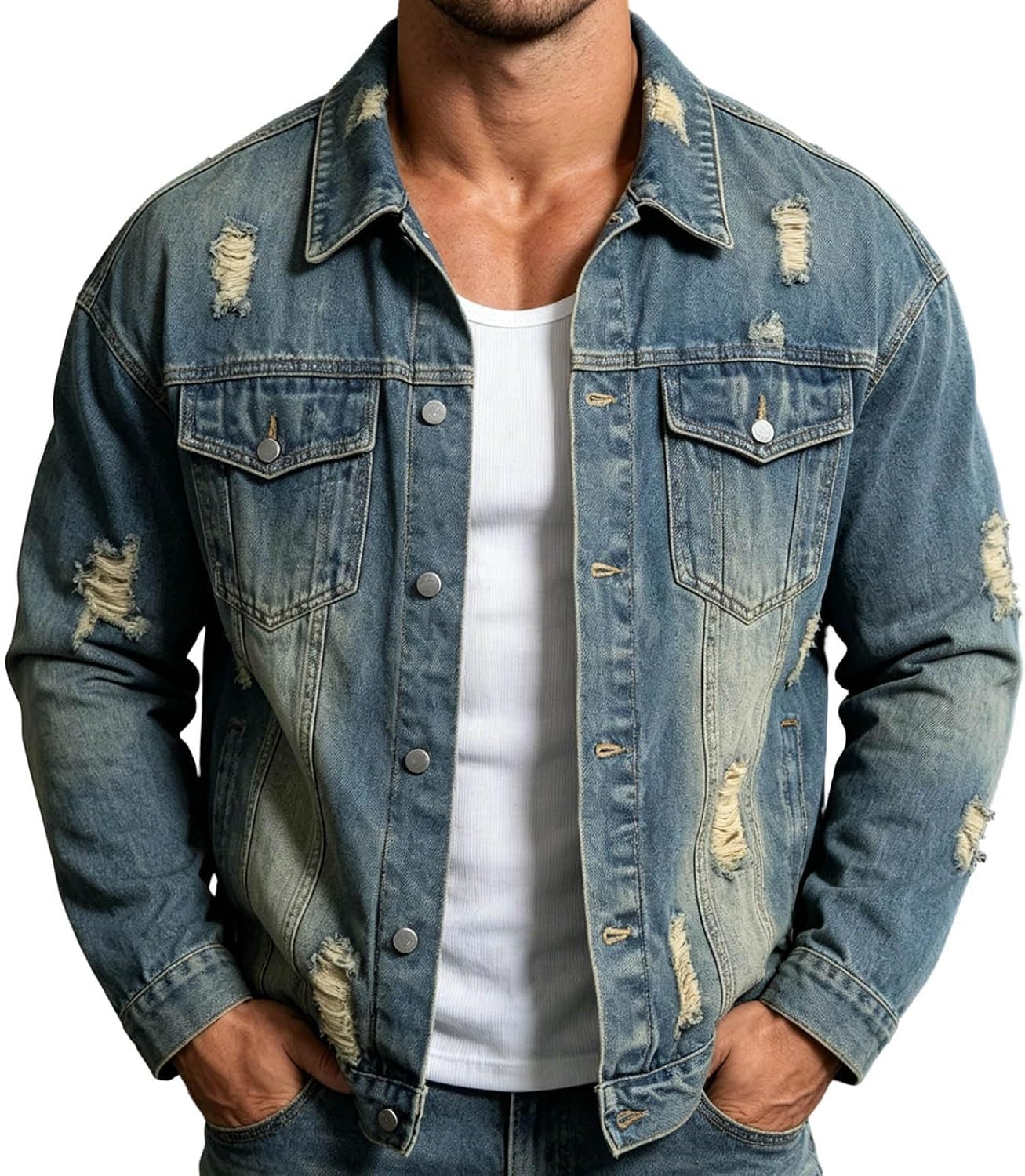 Mens Distressed Denim Jacket Button Front Trucker Casual Coat