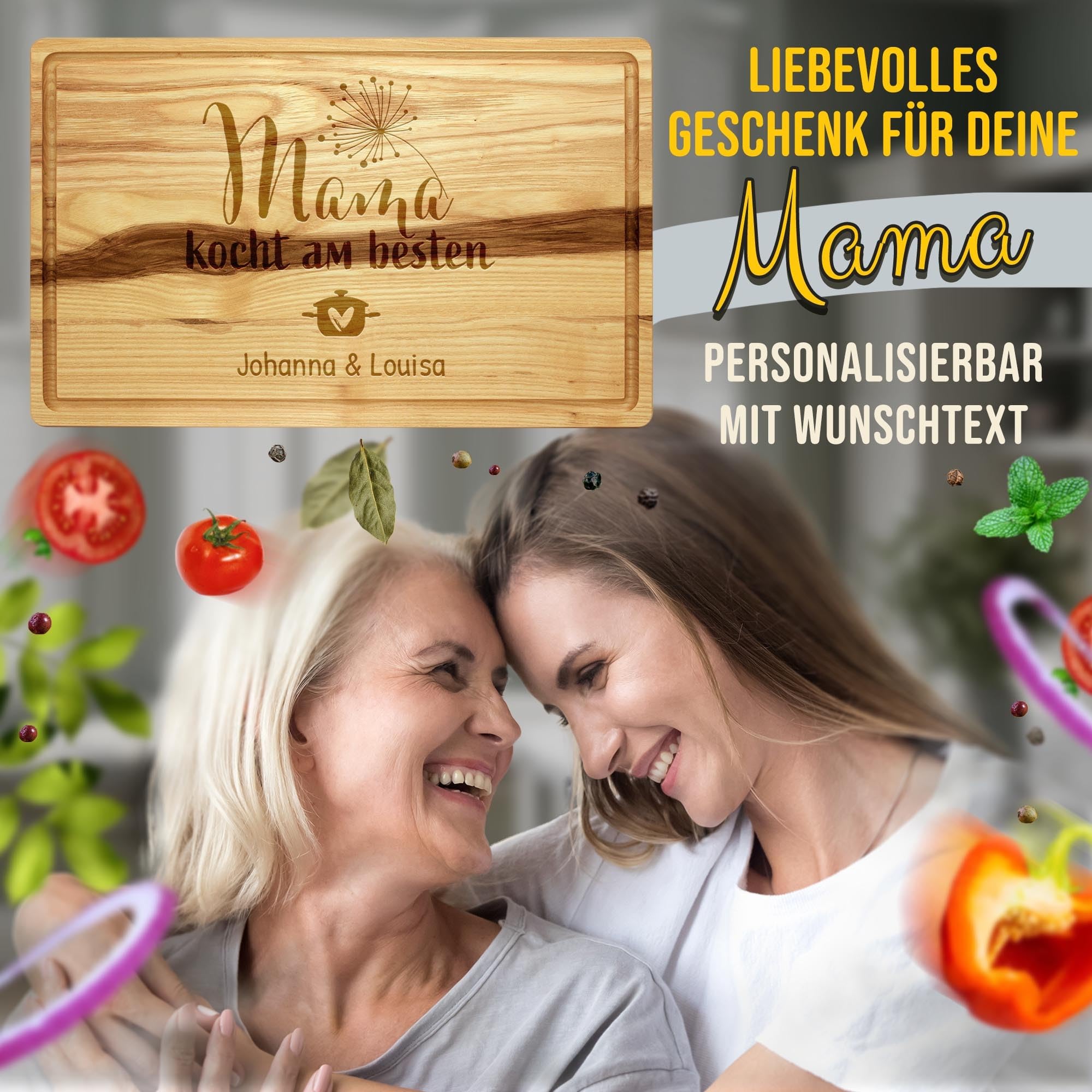 PR Print Royal Großes Holzbrett mit Gravur - Mama kocht am besten - mit Name - Personalisiertes Geschenk zum Geburtstag, Muttertag - Schneidebrett Eschenholz, 40 x 25 x 2 cm