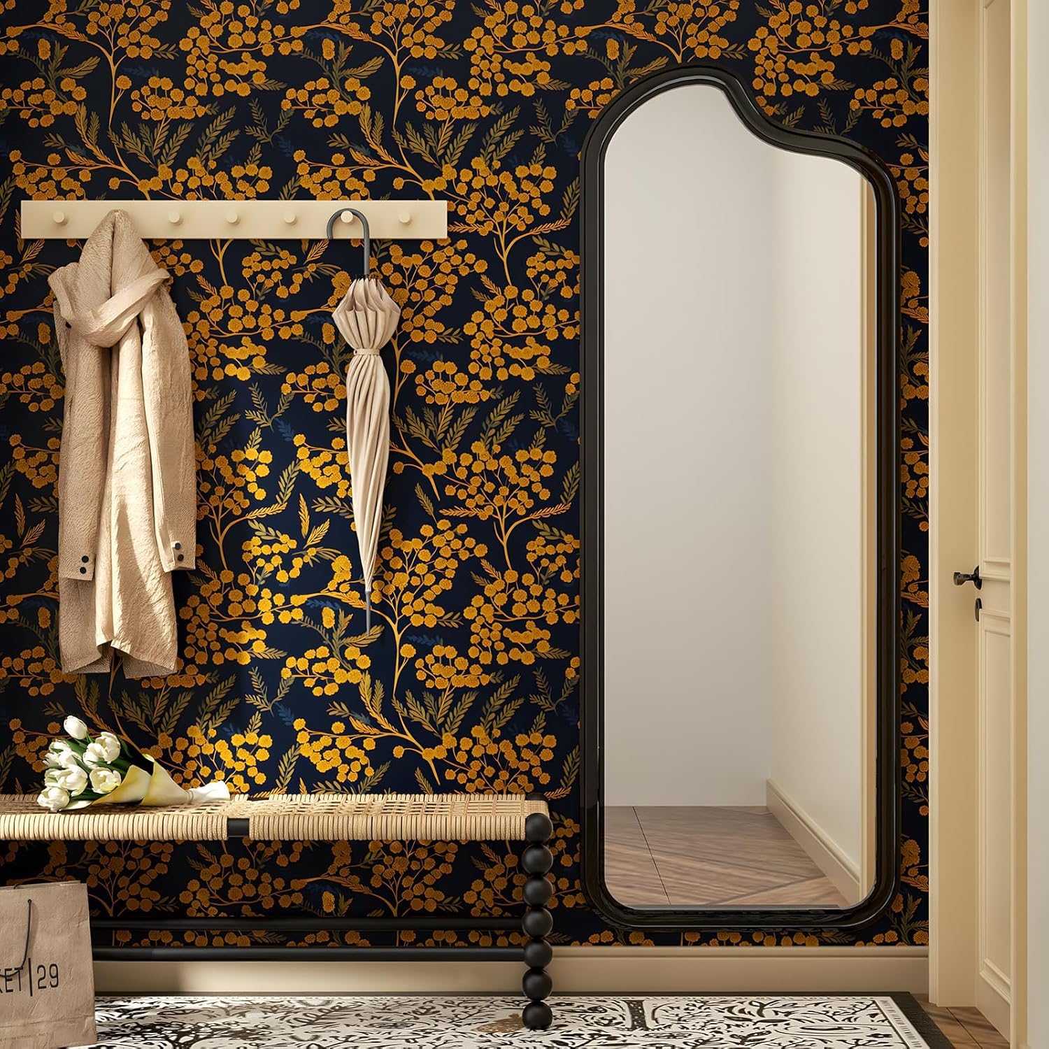 Boho Wallpaper Peel and Stick, Navy Blue/Gold Leaf Contact Paper 17.5in x 32.8ft for Kitchen, Vintage Dark Floral Vinyl Wall Paper Removable Waterproof Self Adhesive for Bathroom Bedroom Walls Cabinet