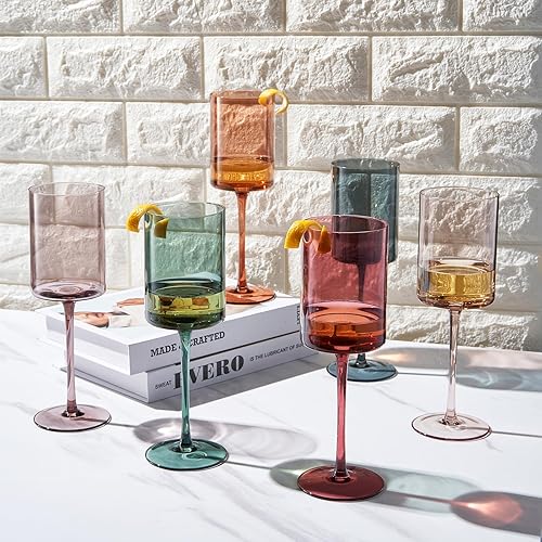 Miniatura 10 de Khen Juego de 6 copas de vino de cristal cuadradas de colores, regalo para ella, él, esposa, amigo, tamaño grande de 12 onzas, vasos altos de estilo