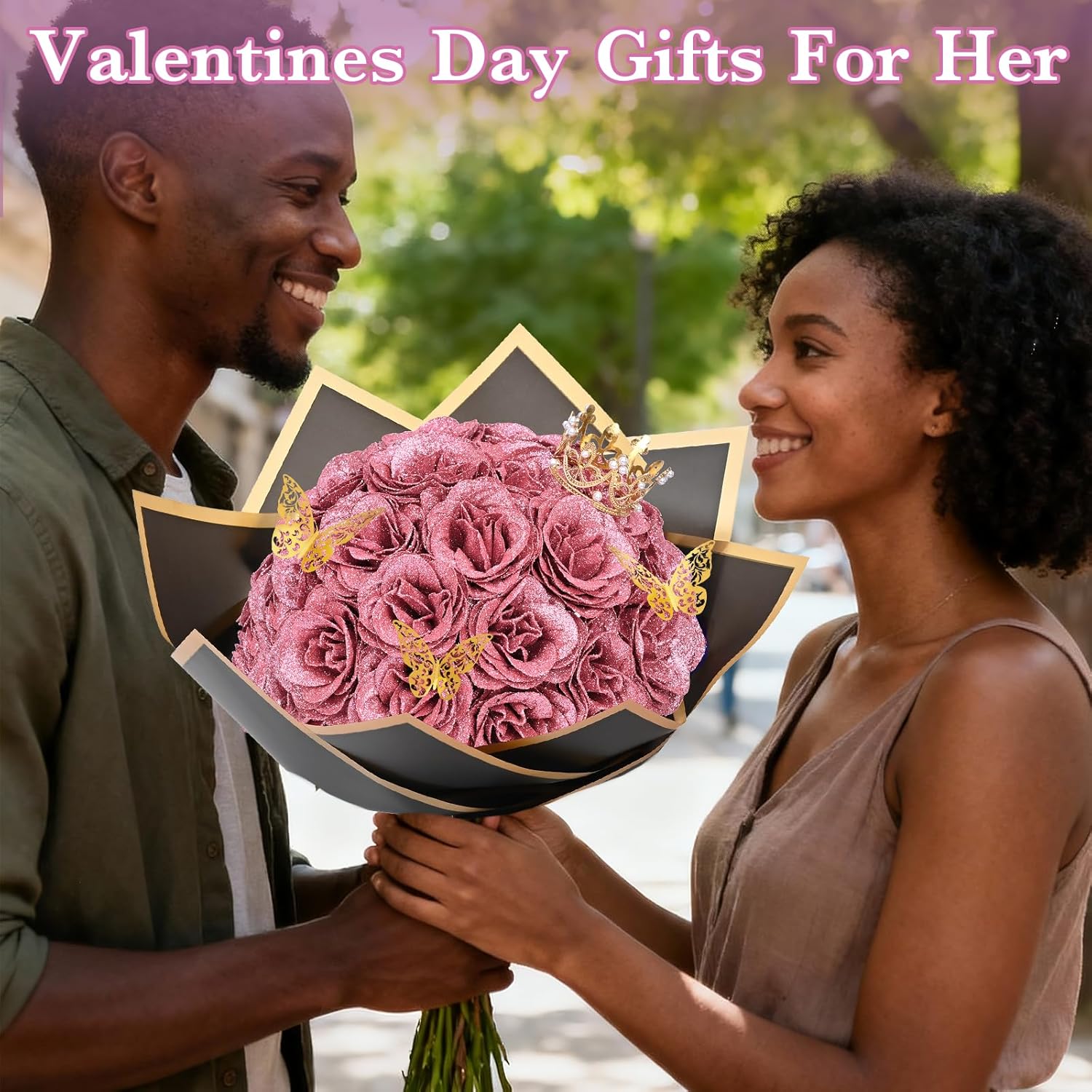 Waipfaru Rose Gold Glitter Roses Bouquet, DIY Flowers Bouquet, Birthday Gifts for Women Mom Grandma Wife Girlfriend, 24 Pcs Fake Rose for Valentines, Mothers Day, Anniversary, Graduation Gifts - Image 2