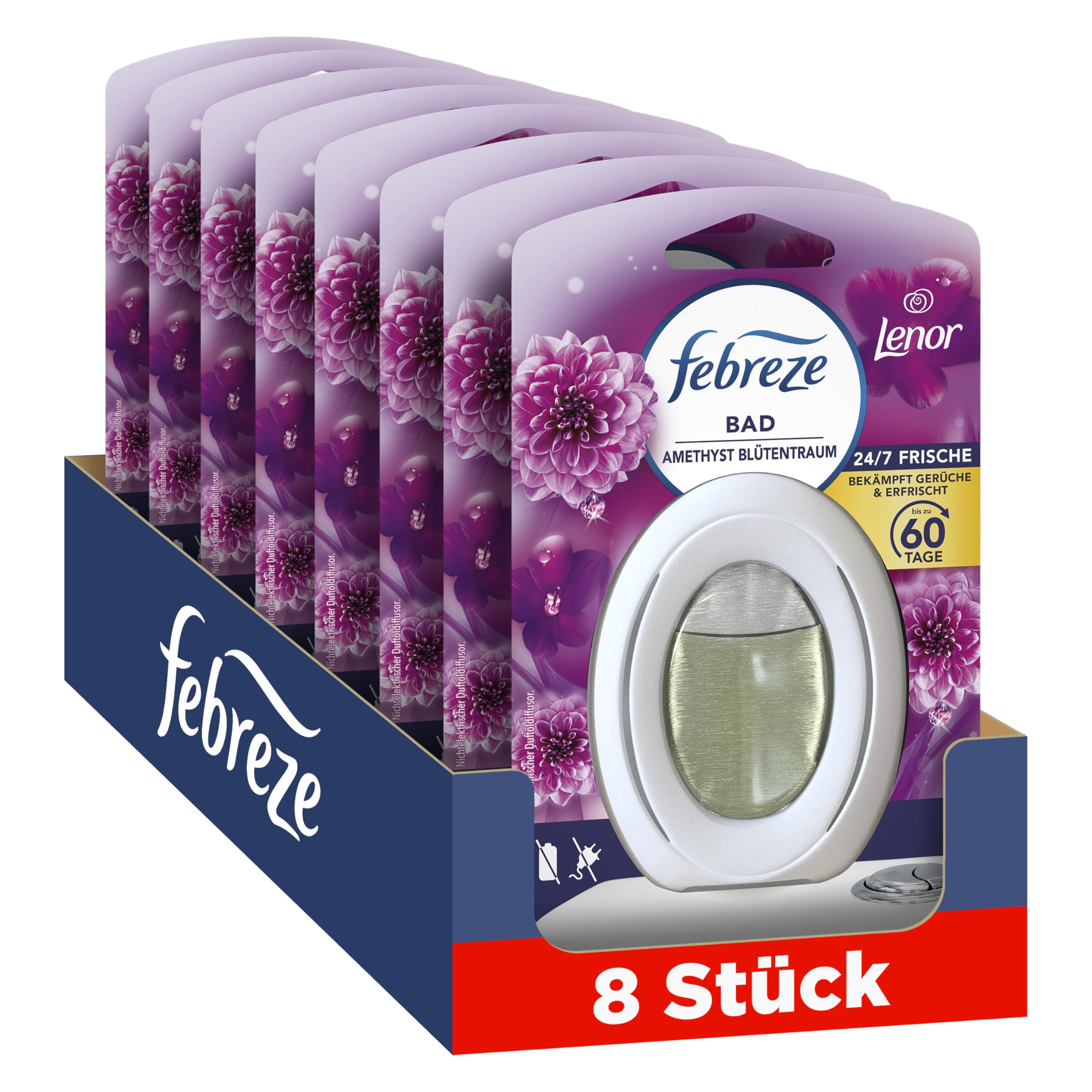 Febreze Bad Lufterfrischer Amethyst Blütentraum, 8 Stück | Bekämpft und verhindert Badgerüche kontinuierlich und sorgt für lang anhaltende Frische.