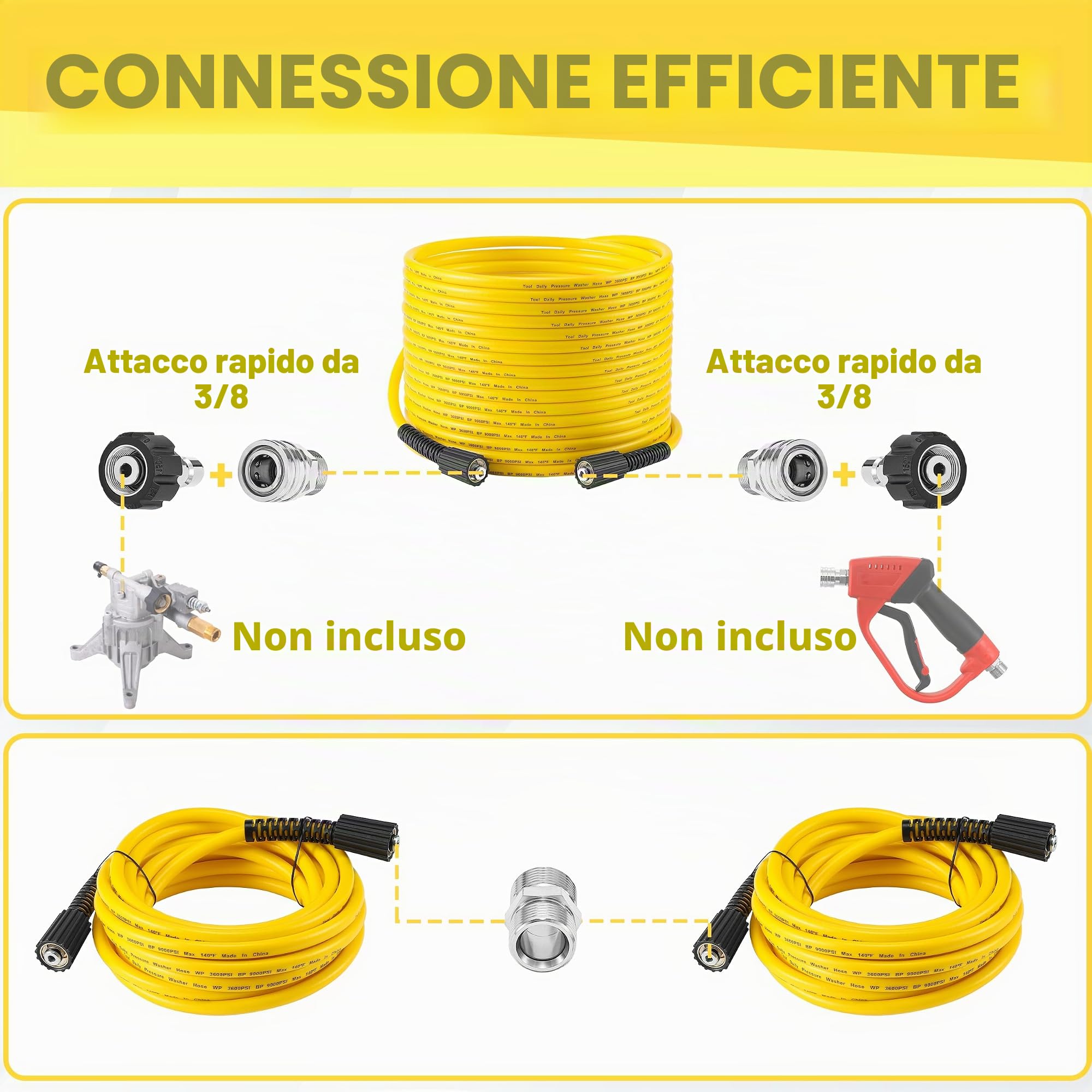 Tool Daily Tubo per Idropulitrice da 30 m x 1/4", Tubo di Prolunga di Ricambio con Attacco M22 14mm, Anti-Avvolgimento, Kit Raccordo Rapido da 3/8" per Idropulitrici Elettriche e a Benzina, 3600 PSI