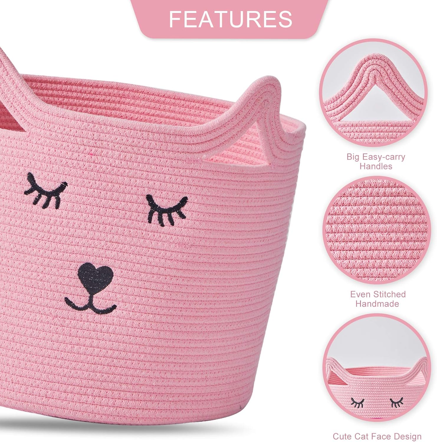 Baby Nursery Organizer for Toys, Baby Clothes Hamper with Handles, Toy Storage Bin for Nursery, Cute Nursery Storage Basket with Cute Cat Design, Pink Cotton Rope Basket, 11.8 ”(D) x 11.4 ”(H)