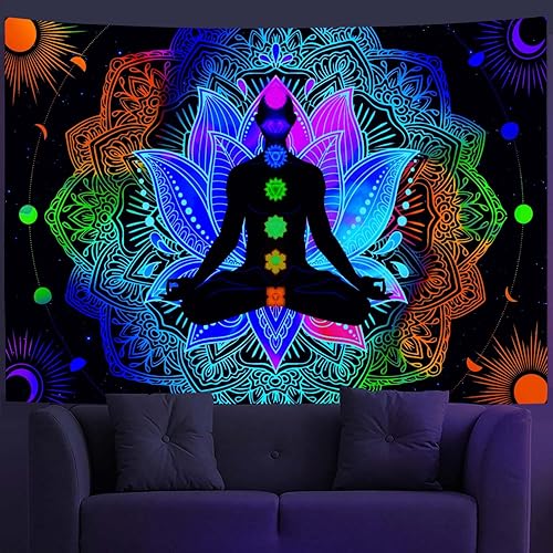 Miniatura 4 de Torich Tapiz de siete chakras, luz negra, meditación reactiva a los rayos UV y espiritual para yoga, pósteres verticales, hippie mandala trippy