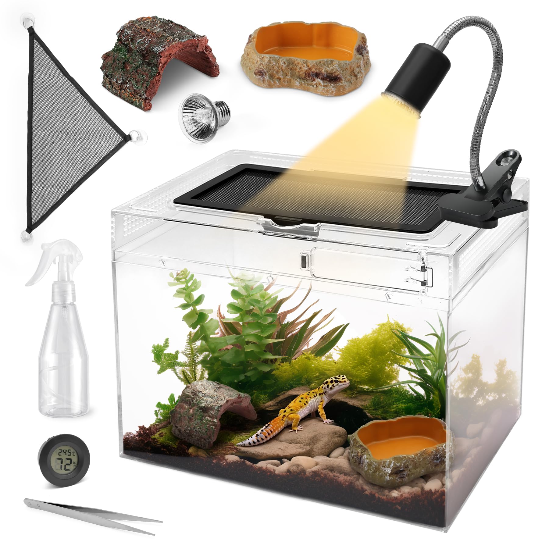 AZV Reptilien-Terrarium, Reptilien-Tank, 38,1 x 20,3 x 25,4 cm, Amphibien-Isopoden-Tank-Starter-Set mit Bartdrachen-Hängematte, Wärmelampe, Versteckhöhle für Geckos, Eidechsen, Mantis, Spinne, Cricket