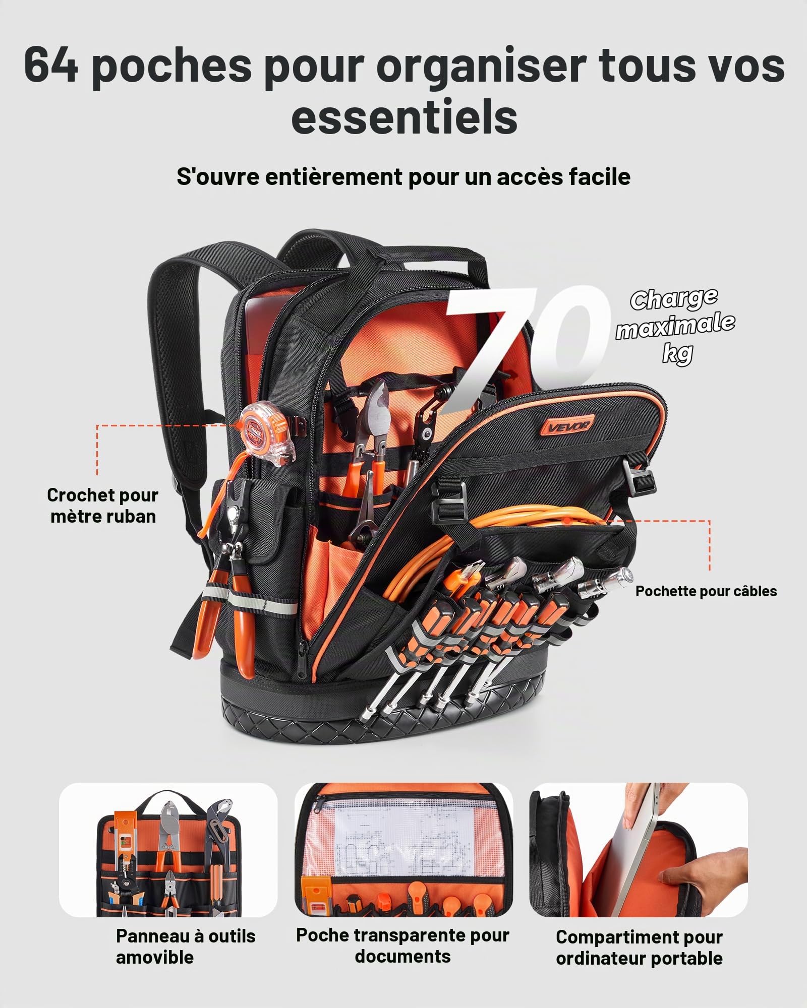 VEVOR Sac à Dos à Outils, Charge 31,75 kg, Sac à Outils 36,5x19,5x47 cm avec 64 Poches, Compartiment Ordinateur Portable, Base, Organisateur à Outil Robuste pour Chantier, Électricien, Réparateur CVC