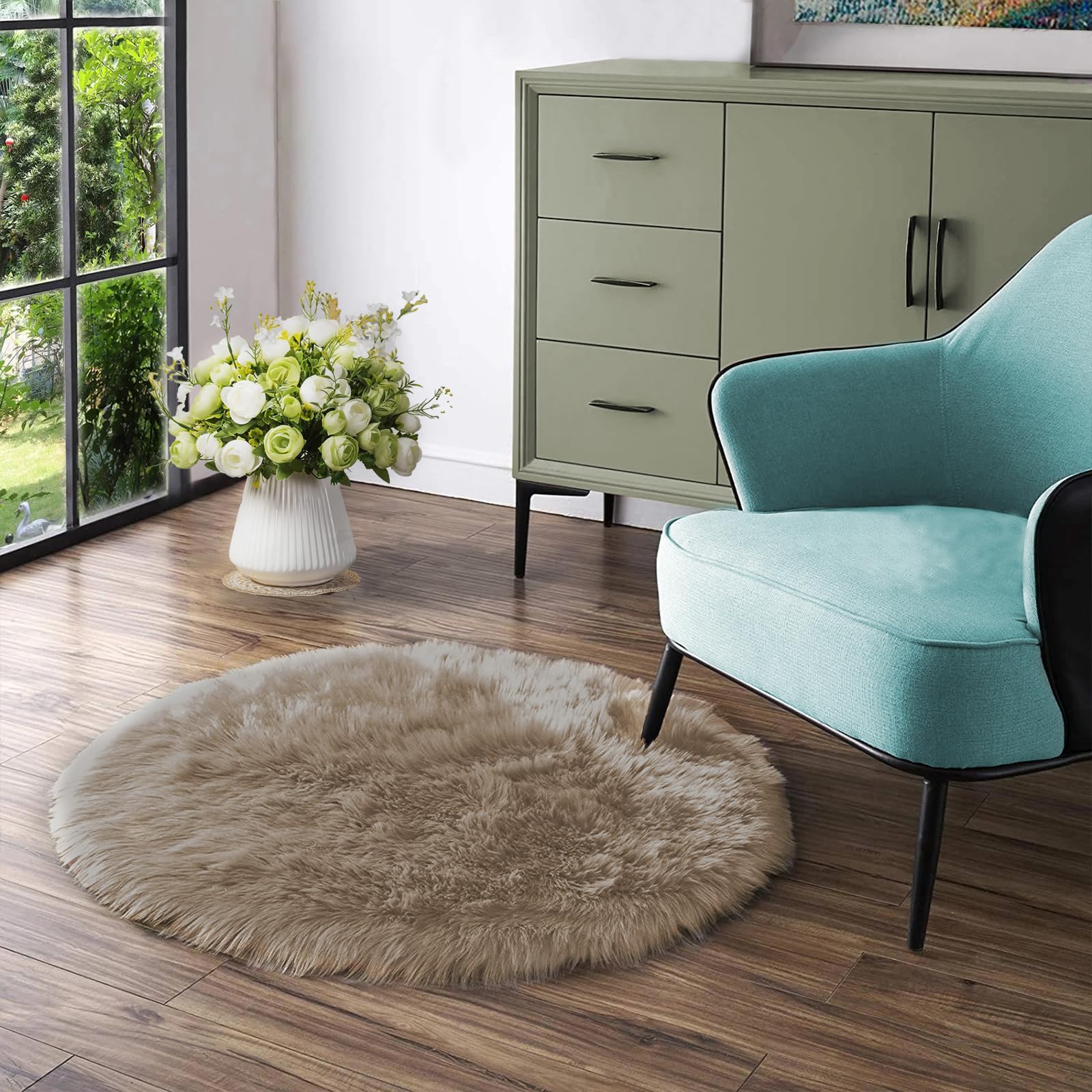 Latepis Alfombra redonda marrón claro beige de pelo sintético mullida para comedor o dormitorio, 90 cm, alfombra lavable de pelo largo