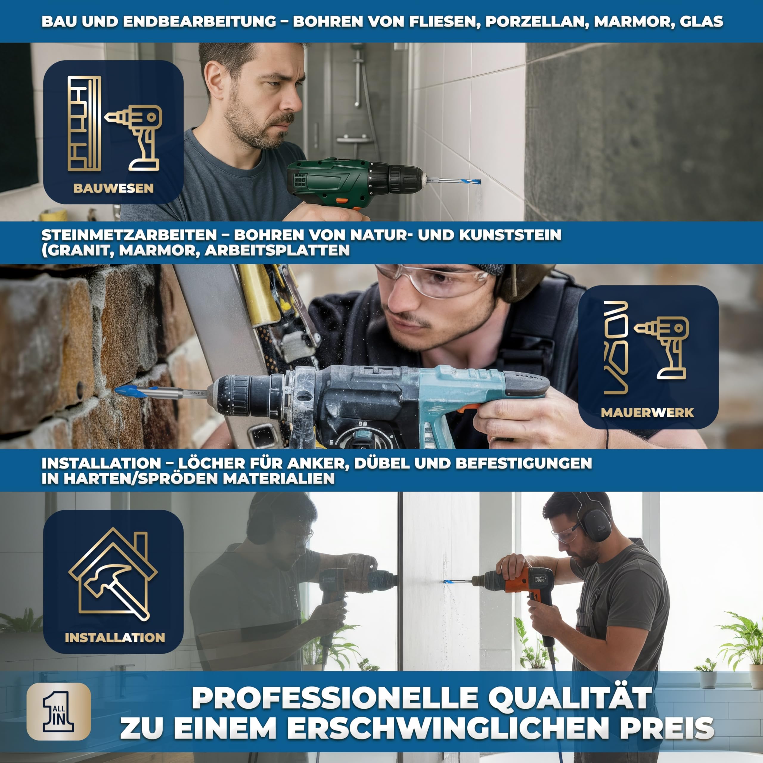 S&R Professional Keramikbohrer Set 5-tlg, Fliesenbohrer 4mm 5mm 6mm 8mm 10mm, für Feinsteinzeug, Keramik, Hartkeramik, Granit, Glas, Marmor, mit Sechskantschaft, Glasbohrer, Profi Fliesen Bohrer Set