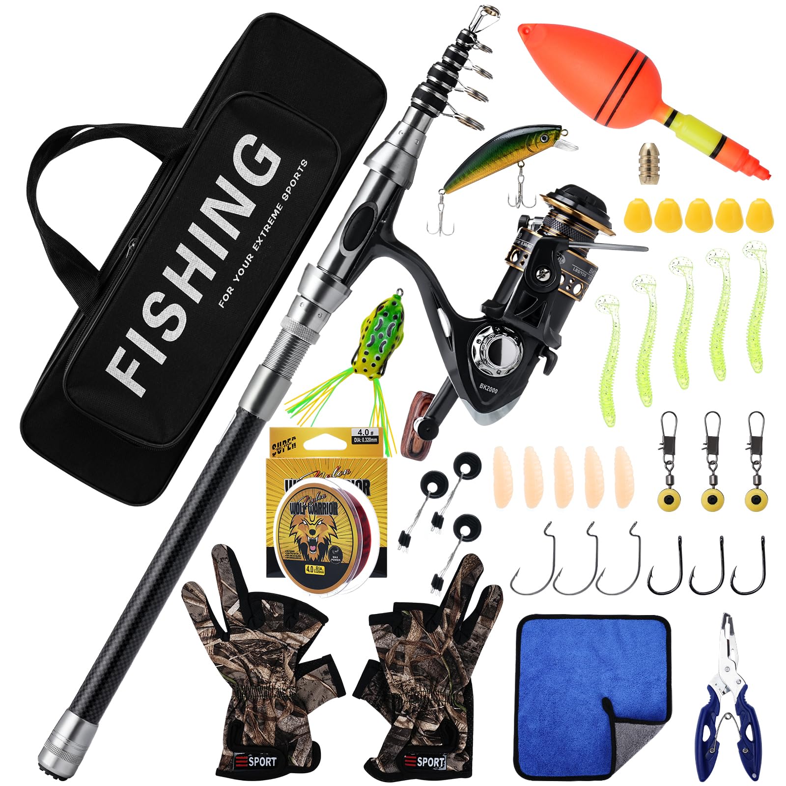 Telescopic Fishing Rod and Reel Combo Set, 2.1m Metal Fishing Pole Kit with Line, Lures, Carrier Bag, Spinning Rod Reel Combo