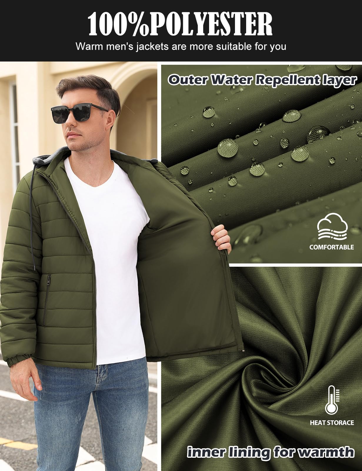 Xnova Chaqueta Acolchada Hombre Invierno Ligera Impermeable Cazadoras Entretiempo con Cremallera Chaquetas Softshell de Plumas Plumiferos Sudadera con Capucha Desmontable