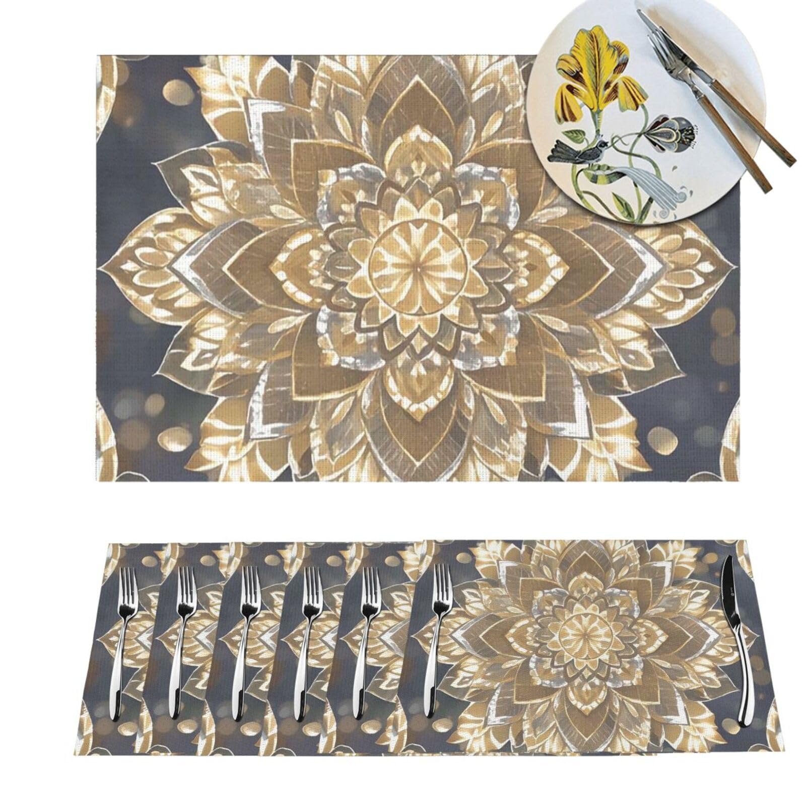 Set de table en PVC lot de 6 antidérapants et résistants motif lotus doré