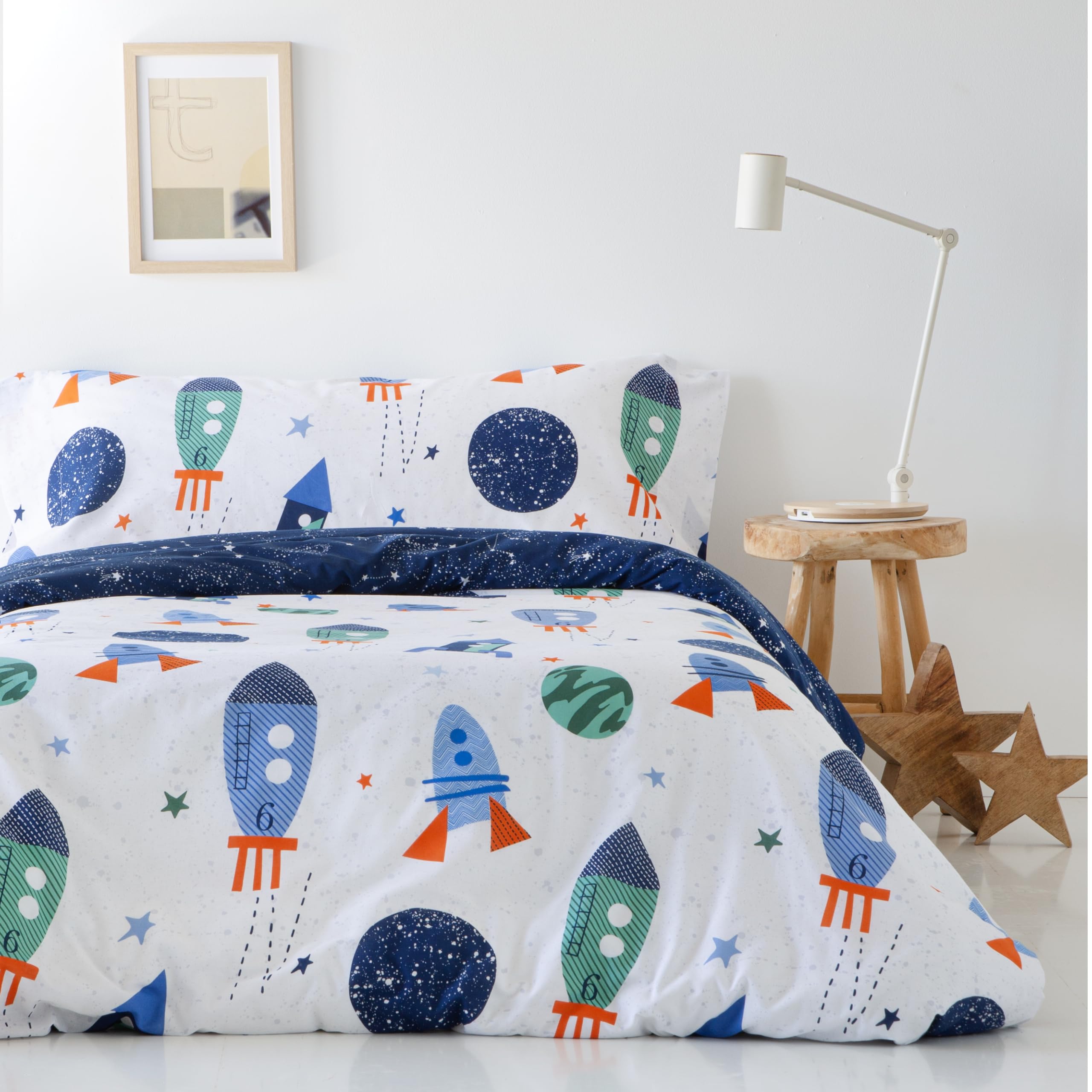COTTON ARTean Funda Nórdica Reversible Infantil Rocket Cama de 90 Cierre con Botones. 50% algodón – 50% poliéster