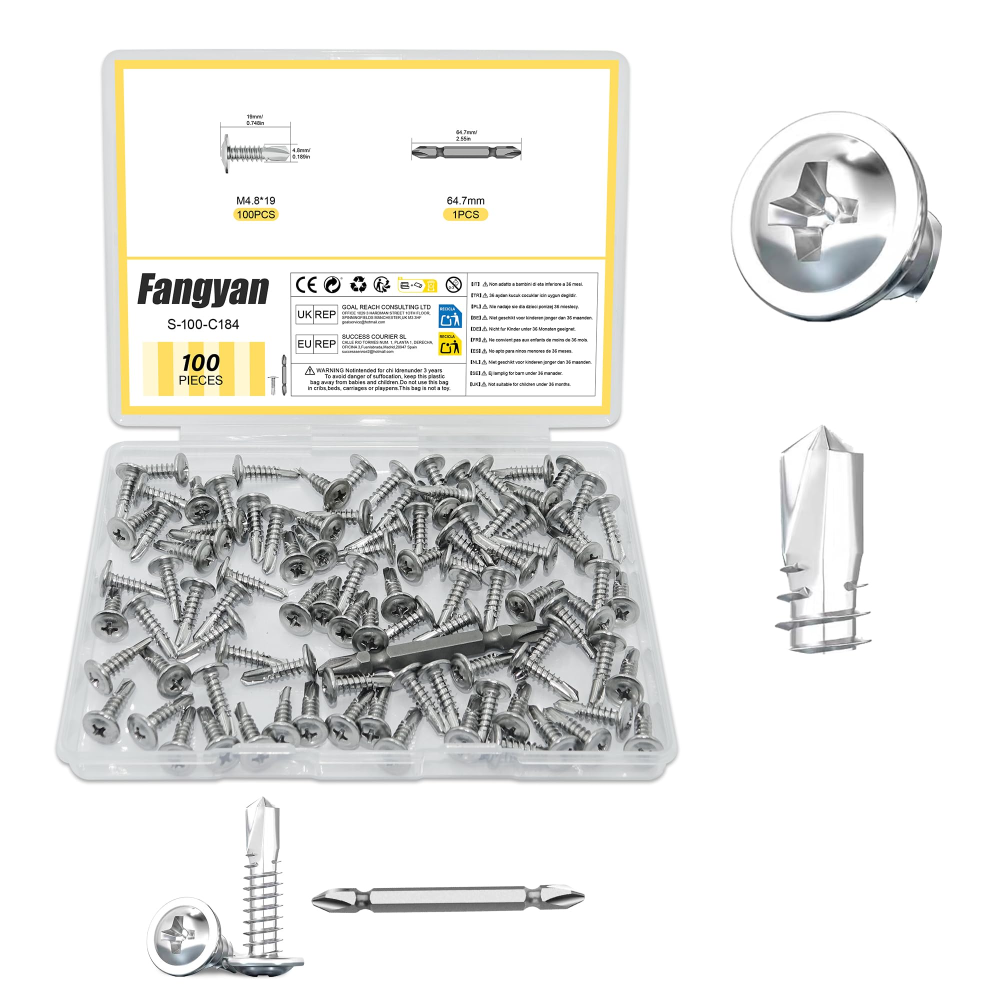 Fangyan 100Pcs M4.8×19mm Wafer Head Self Drilling Screws, High Strength 410 Stainless Steel Sheet Metal Screws with Screwdriver Bit for Sheet Metal Installation