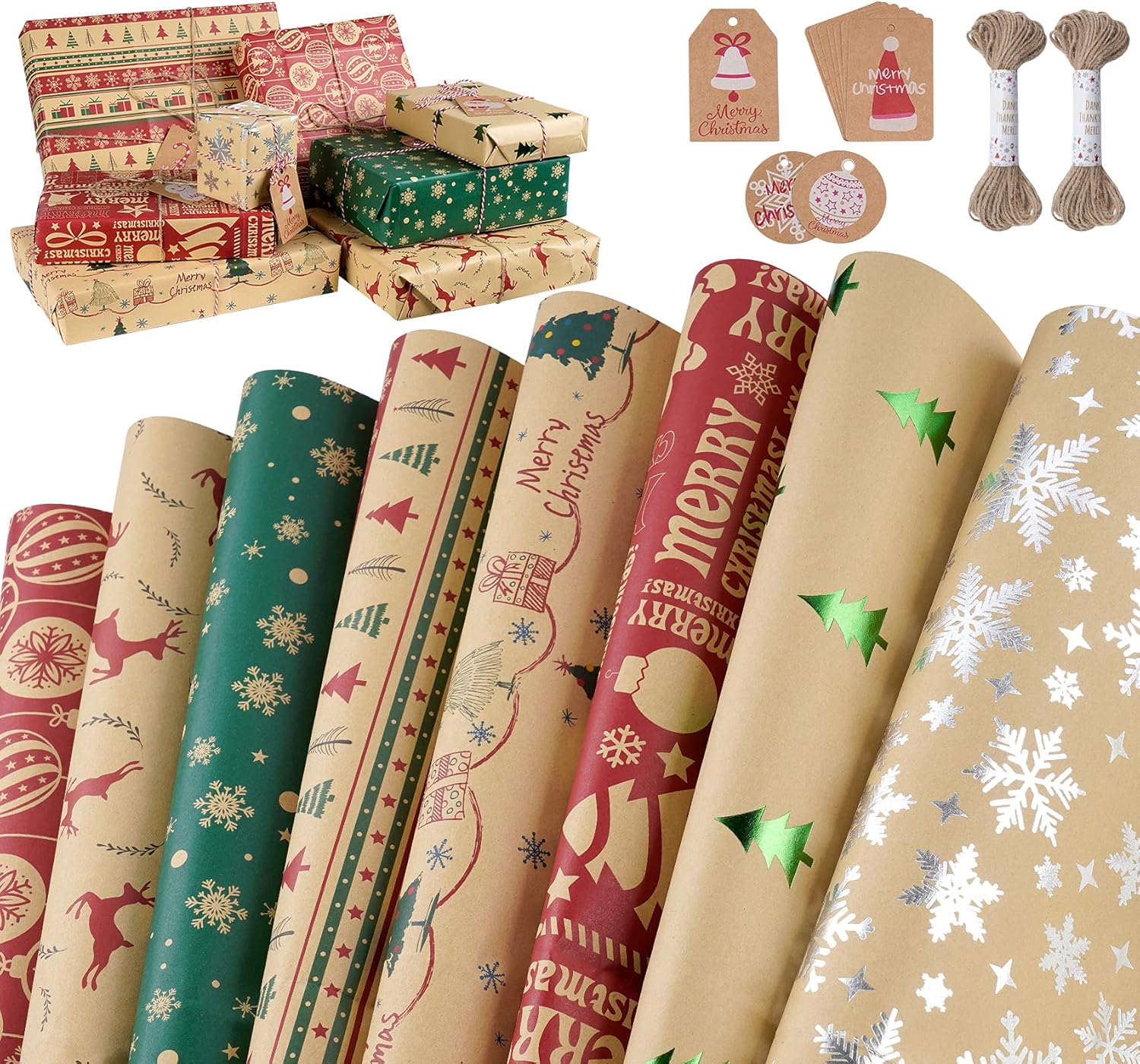 ilauke - Papel de regalo de Navidad, 8 hojas de papel de regalo de alta calidad, papel de regalo marrón reciclable con etiquetas de Navidad, papeles