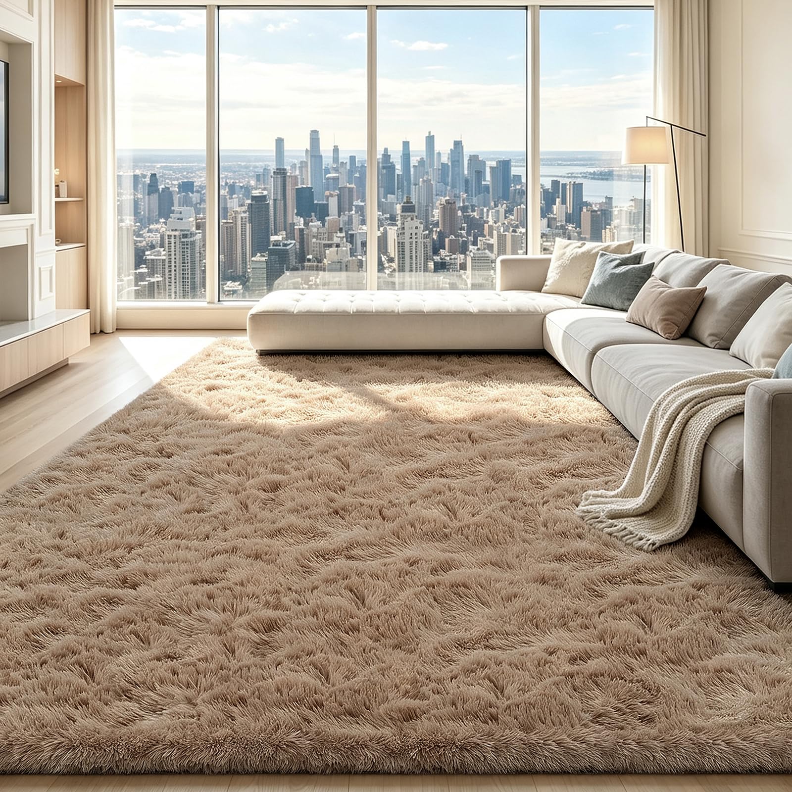 Beige 8x10 Area Rugs for Living Room, Fluffy Shag Rug Large Bedroom Carpet OEKO-TEX STANDARD 100