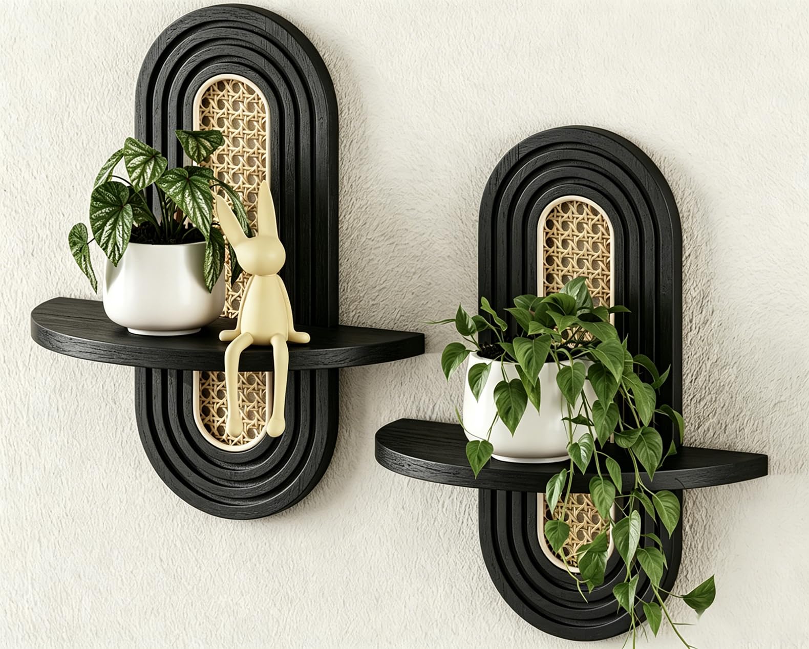 Boho Floating Shelves - Rattan & Wood Decor -11