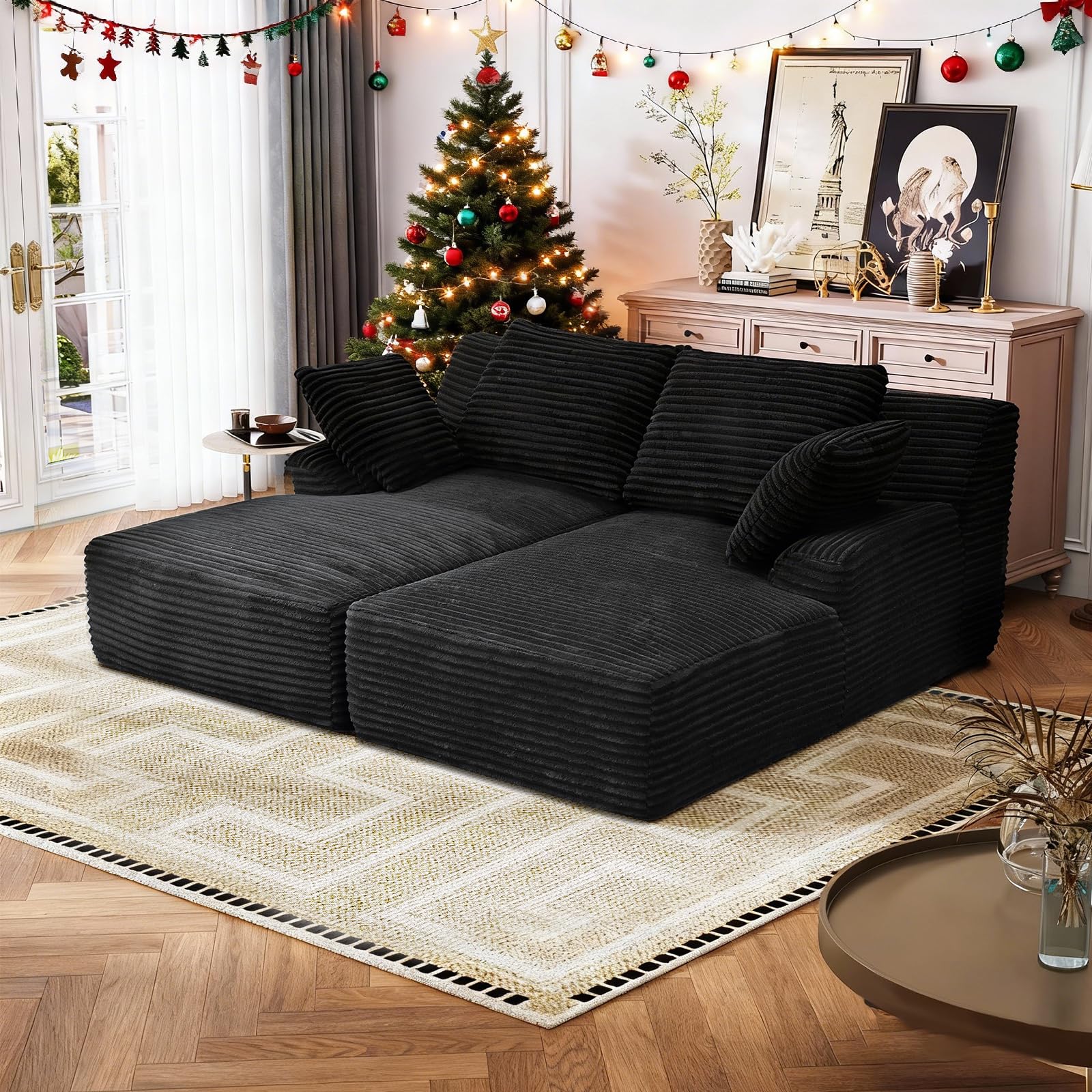 ( incomplete only 1 pcs ) Oversized Chaise Lounge Chair Indoor, Corduroy Upholstered Boneless Sofa Bed, Deep Seat Sleeper Couch Reading Chairs, Cloud Sofas for Living Room, No Assembly Required (Black, Double Size)