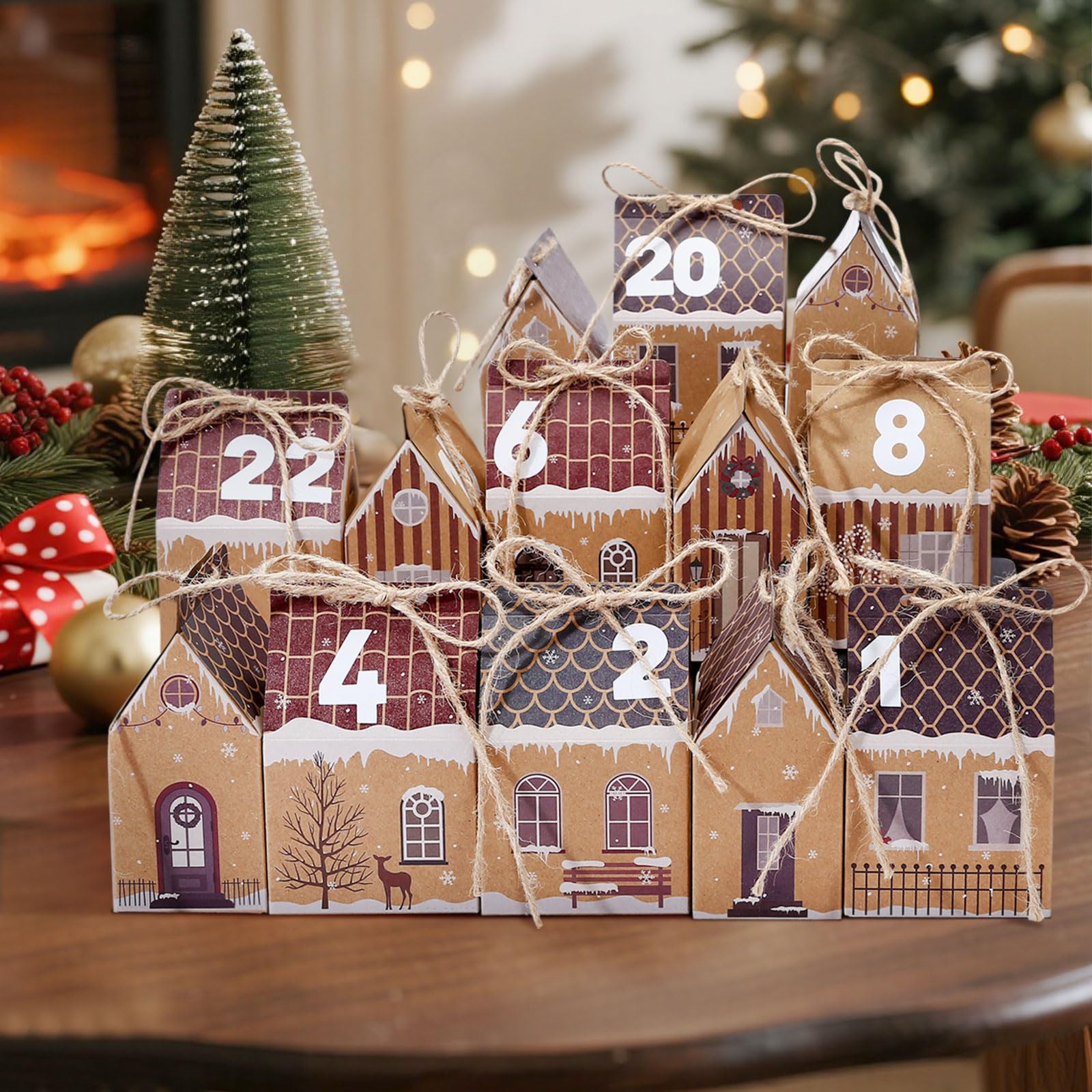 GWHOLE Calendrier de l'Avent Vide a Remplir Soi Meme, 24pcs Boite Calendrier de l'avent Maison Reutilisable en Papier Kraft pour DIY Cadeau Mural Décoration Sapin Noel