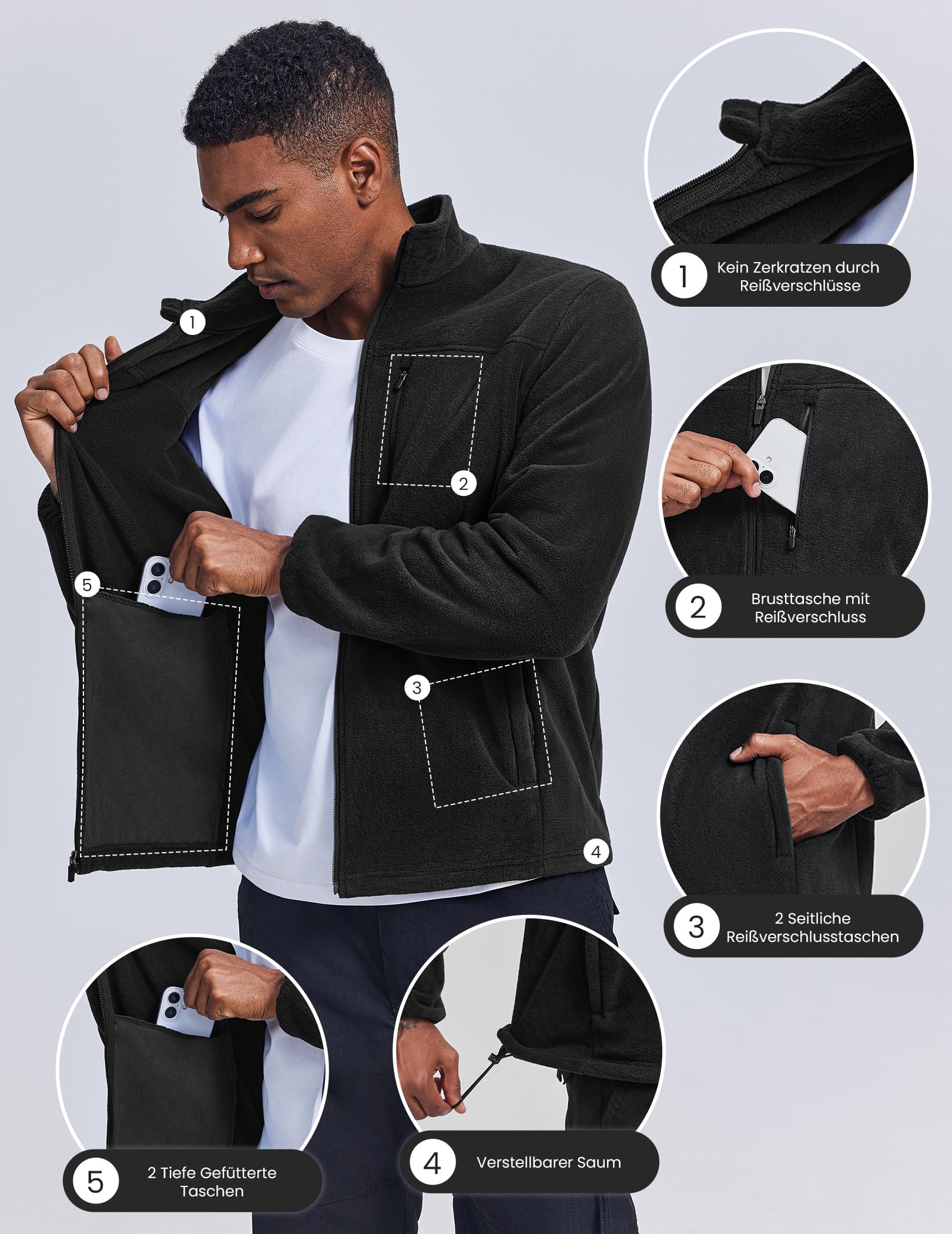 PINSPARK Veste polaire pour homme avec fermeture éclair intégrale - Veste d'hiver légère pour l'automne et l'hiver - Taille XL - Noir