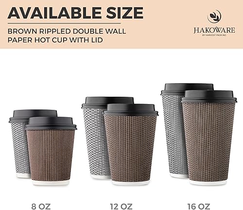 Miniatura 5 de Paquete de 150 tazas de café desechables de 8 onzas, taza de papel de doble pared con tapa, diseño geométrico marrón, té bebidas de chocolate