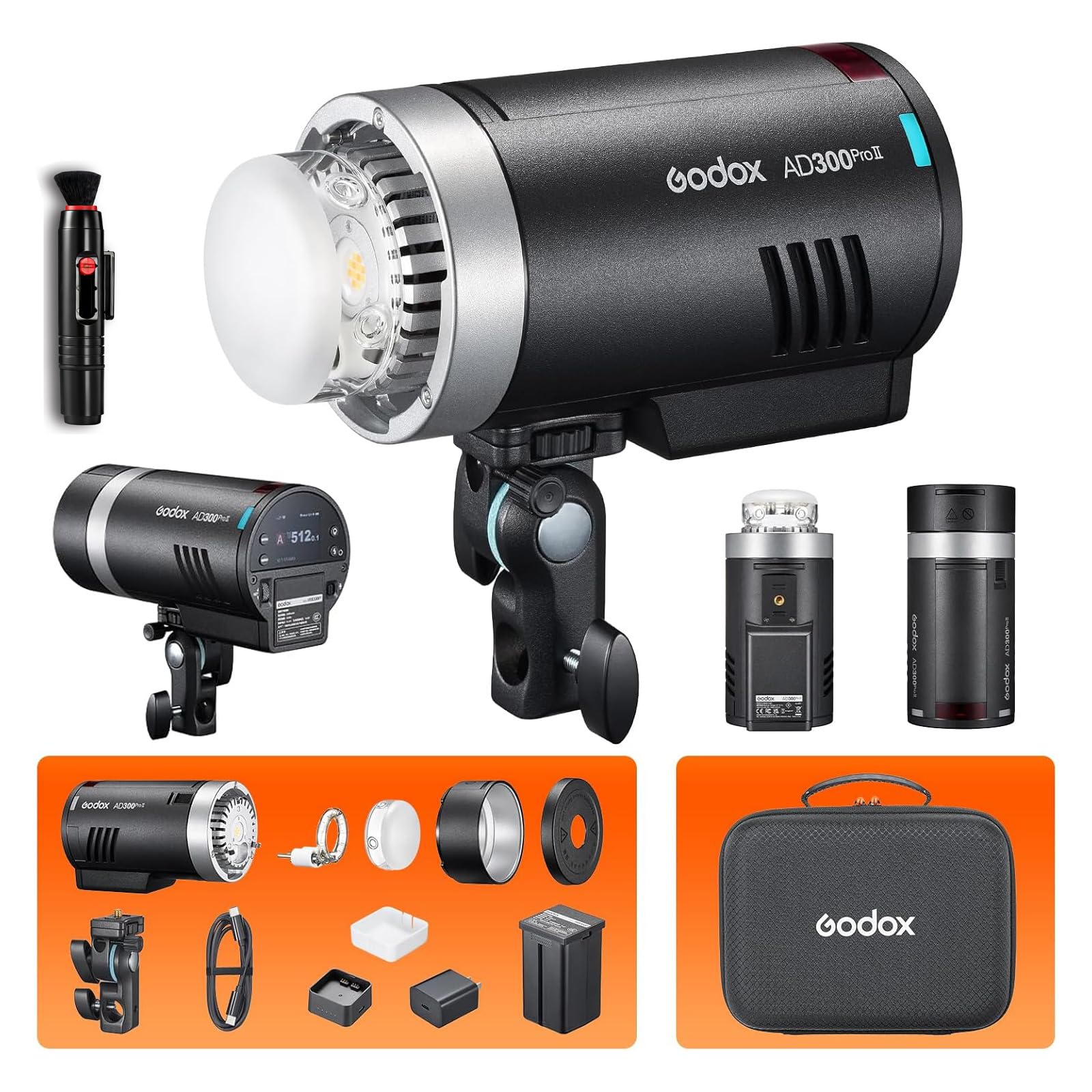 Godox AD300Pro Studio Outdoor Stroboskopblitz, AD300 Pro 300 W 2,4 G TTL HSS 1/8000s Monolight Speedlite Licht, 2600 mAh Lithium-Akku, 0,01–1,5 s Recyclingzeit, 12 W zweifarbige, dimmbare (AD300PROII)