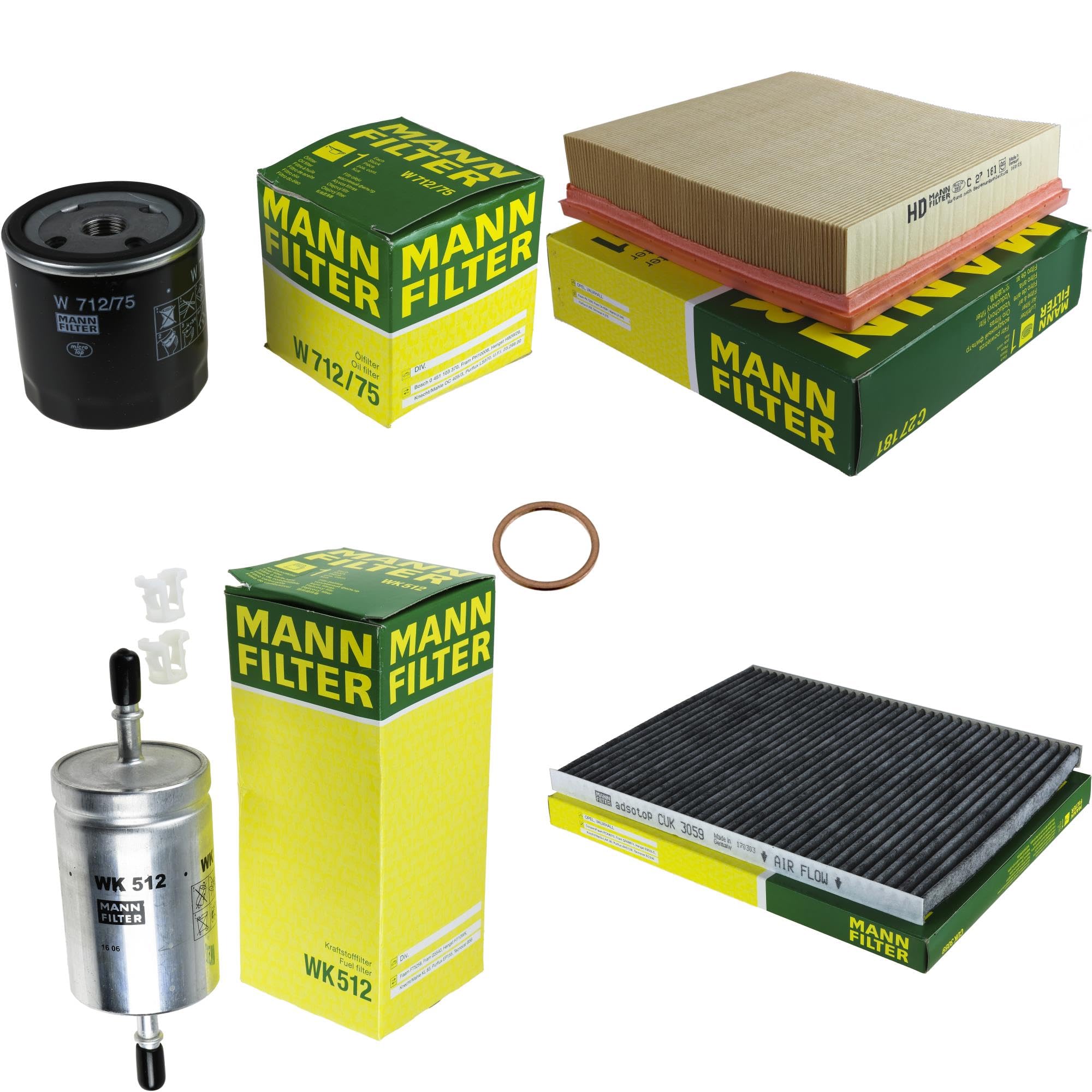 Paquete de inspección Kit de mantenimiento de filtros con filtro de aceite W 712/75, filtro de aire C 27 181, filtro de combustible WK 512, filtro de habitáculo CUK 3059, anillo de sellado