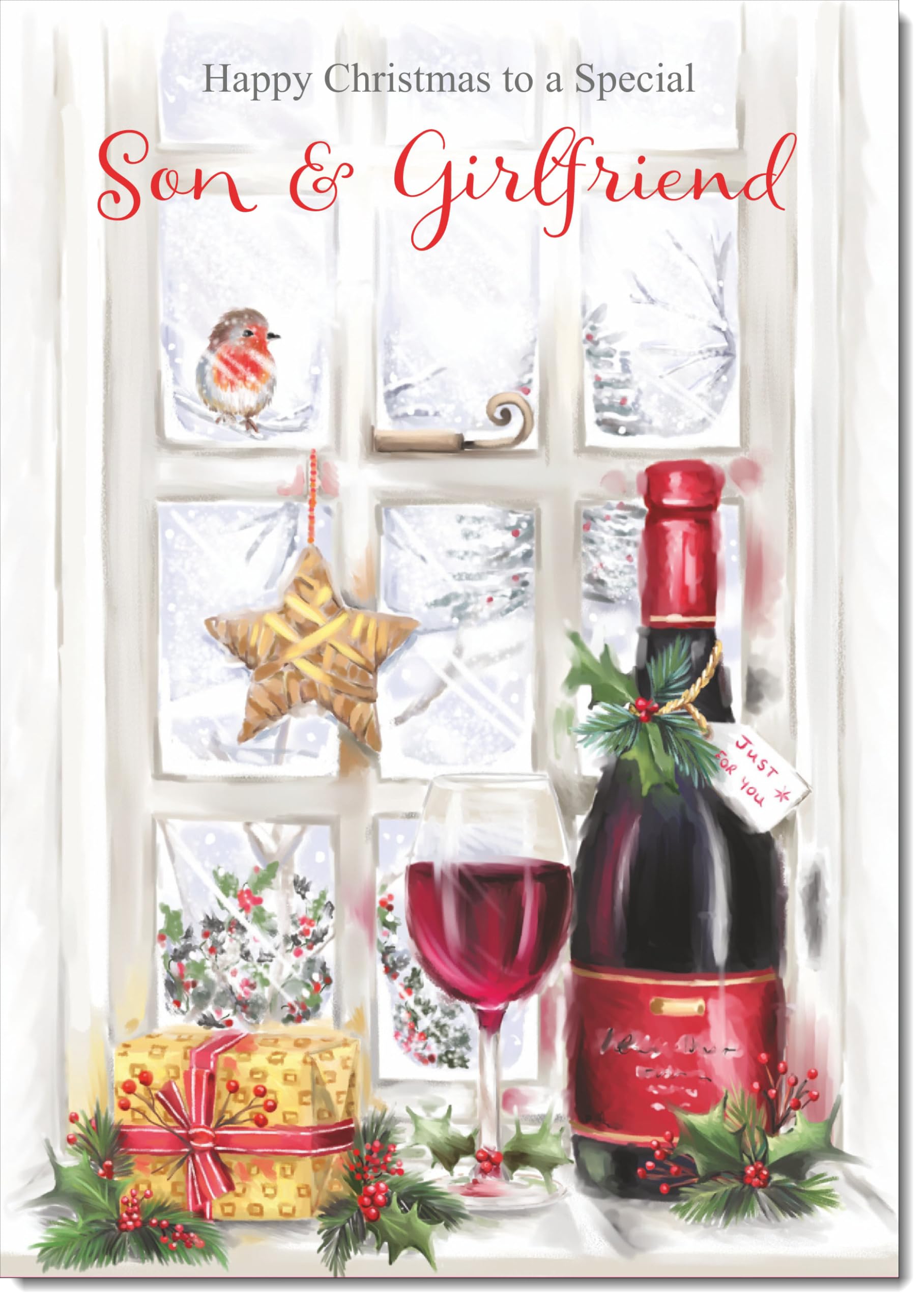 doodlecards Son and Girlfriend Christmas Card Red Wine Bottle Large A4 Size Christmas Card for Son & Girlfriend with Plain Envelope — image 1