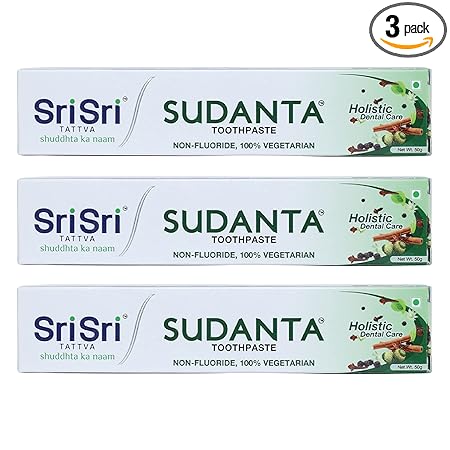 Sri Sri Tattva Sudanta Herbal Toothpaste - All Natural, Fluoride Free Tooth Paste with Cloves, Charcoal, Bakul & More - 50g (Pack of 3), for Kids and Adults