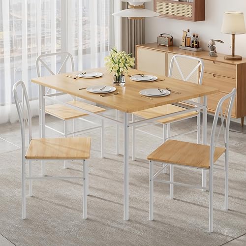 VECELO 5-Piece Kitchen Dining Table Set, Wood Tabletop & Heavy-Duty Metel Frame, Rectangle Dinette with 4 Chairs for Small Space, Breakfast Nook, Natural and White