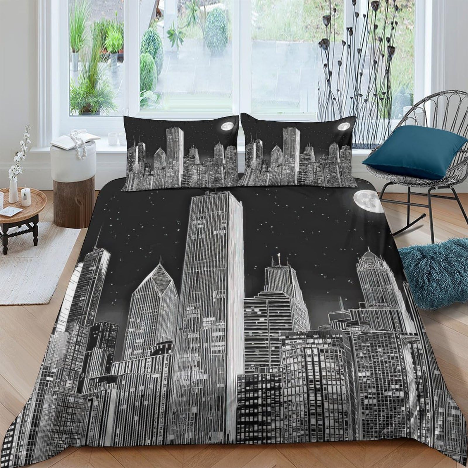 Ctjqhvkz Style-3 3D Printed Night Cityscape Fitted Sheet Microfiber Soft Breathable Moon Skyline Mattress Cover For Bedroom Guest Room Decor Single（135X200cm）