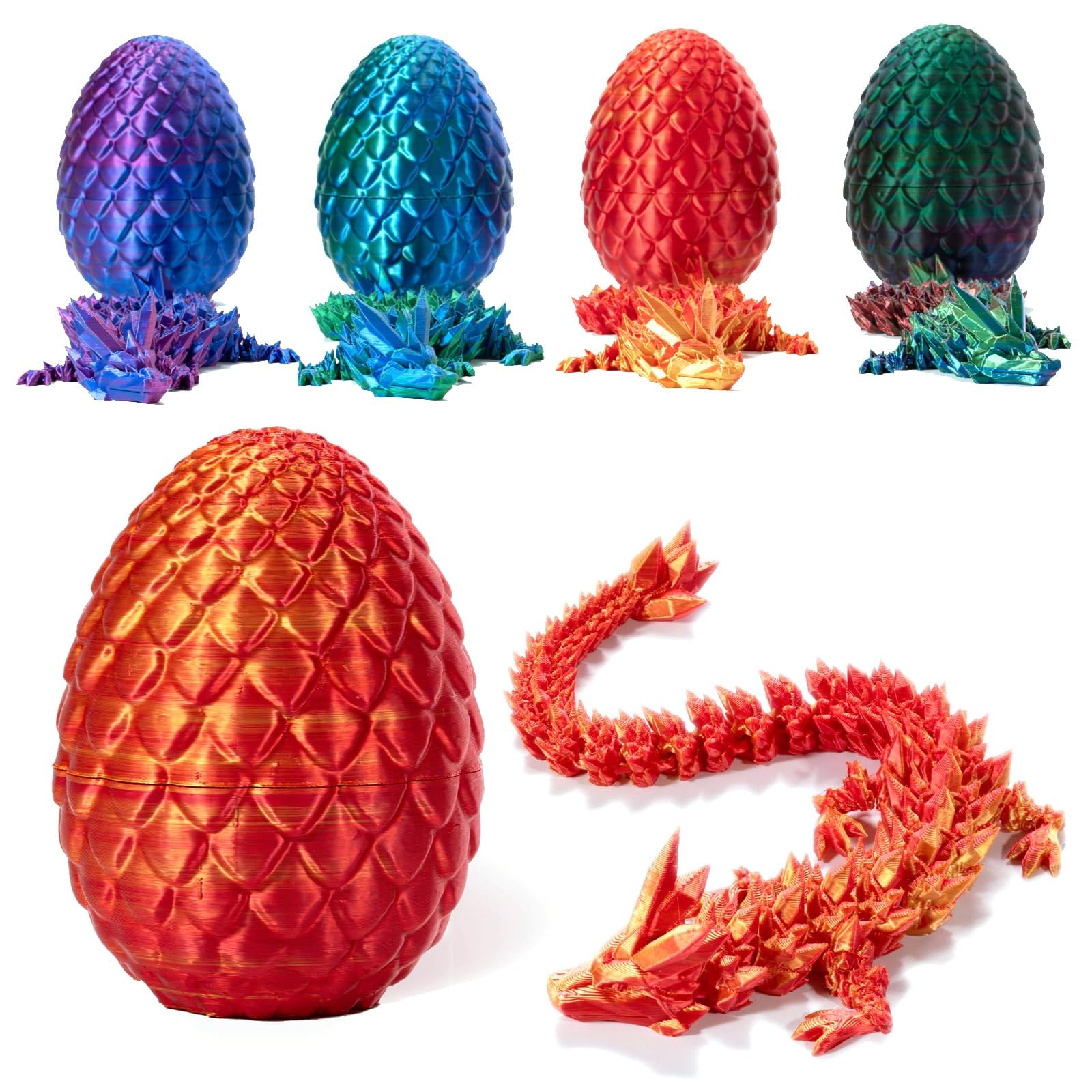 3D Printed Dragon Eggs with Dragon Inside Fidget Toys for Adults, 3D Printed Articulated Dragon, Posable Flexible Crystal Dragon Toys for Autism/ADHD (Laser Red)