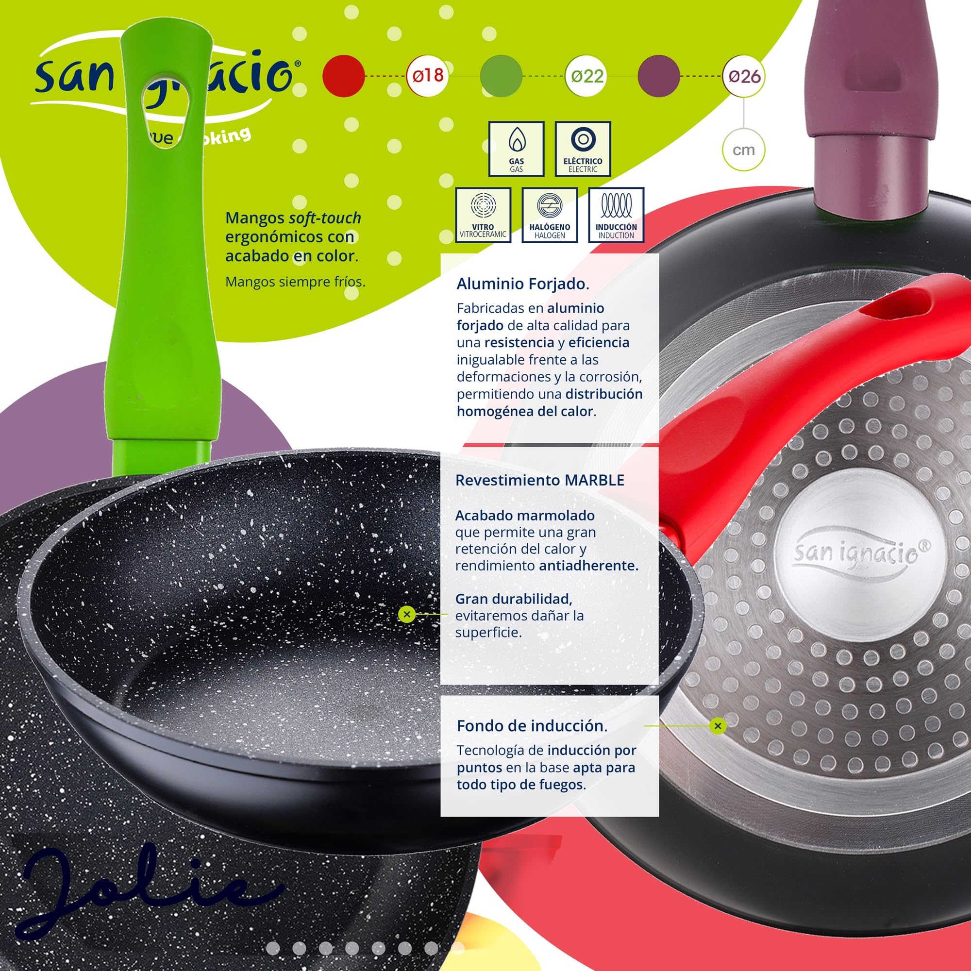 San Ignacio Bateria de cocina 7 piezas Faro, acero inoxidable, con juego sartenes (18/22/26 cm) Jolie en aluminio forjado