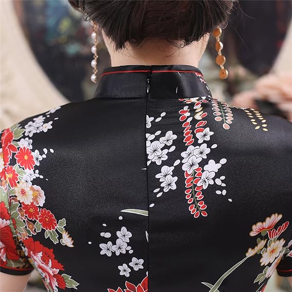 Shanghai Story Faux Silk Chinese Dress Long Cheongsam Floral Qipao for Women